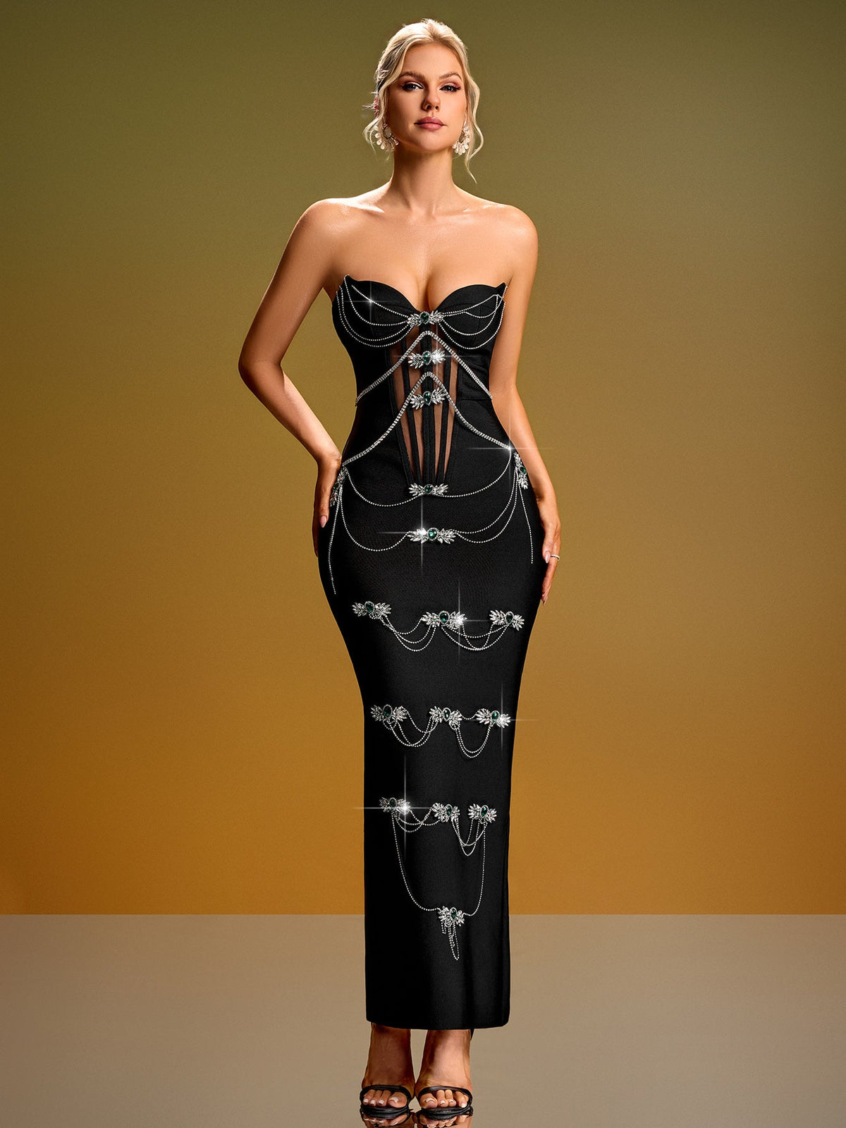 Strapless Rhinestone Corset Maxi Dress, front full-length view