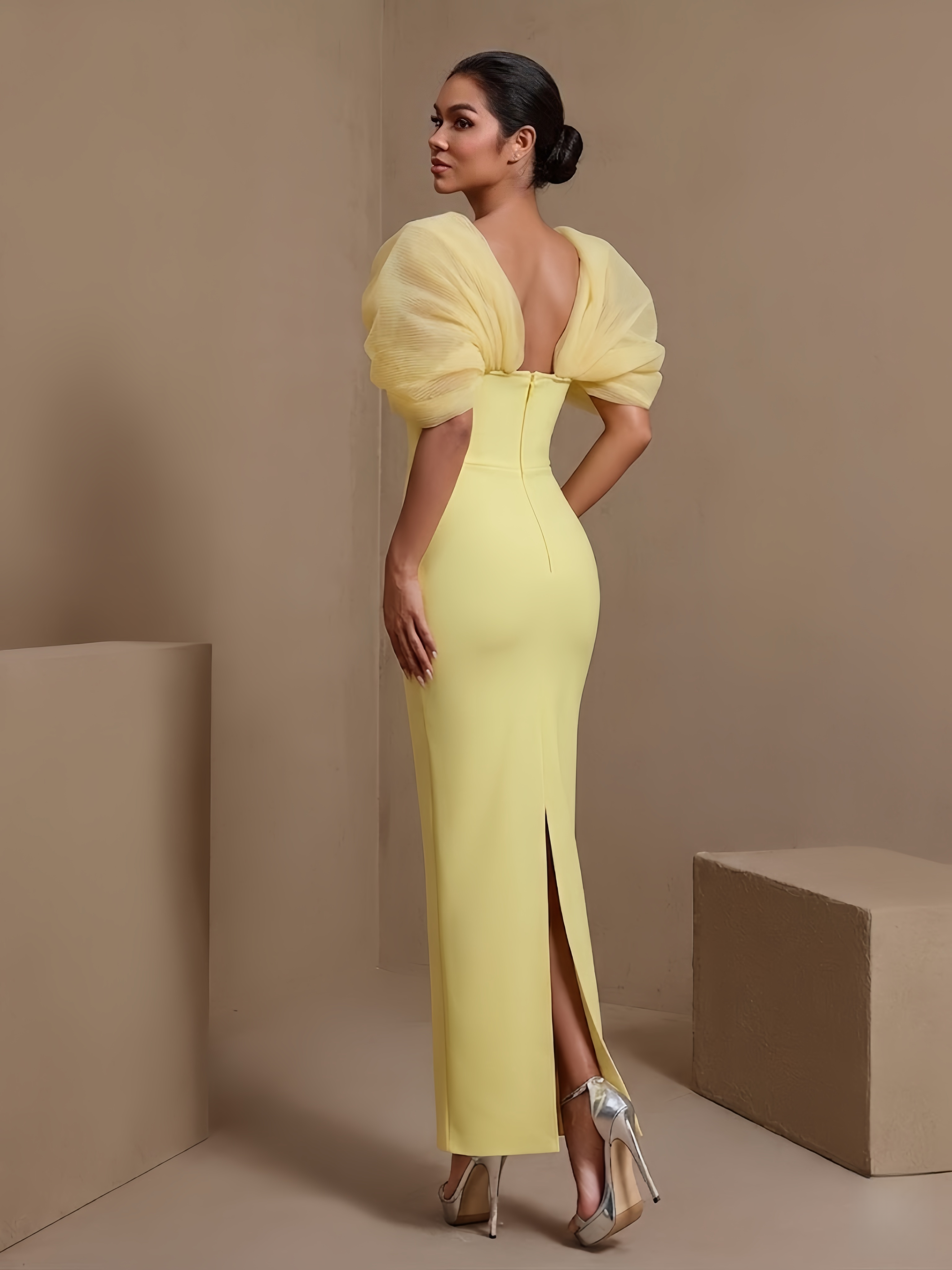 Light Yellow tulle puff-sleeve crystal bandage maxi dress, rear view