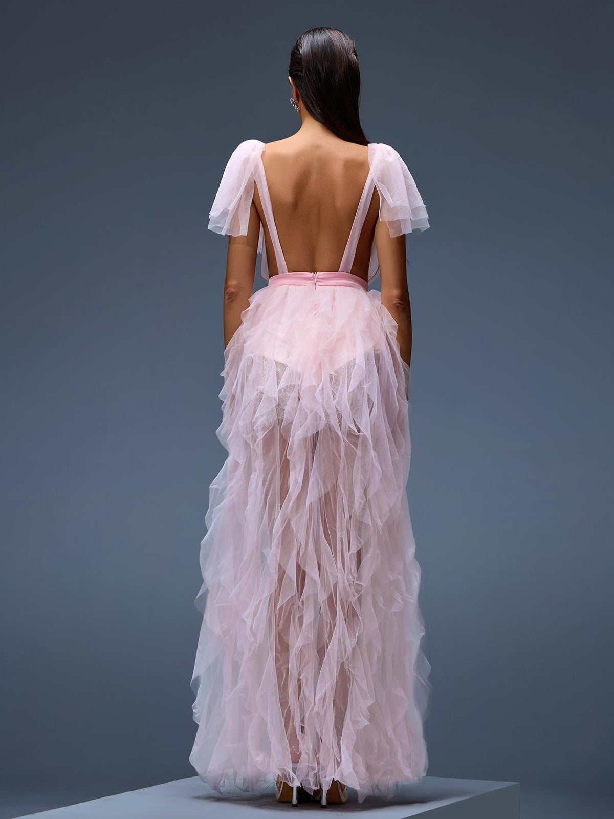V-Neck Chiffon Ruffled Maxi Dress, front full-length view