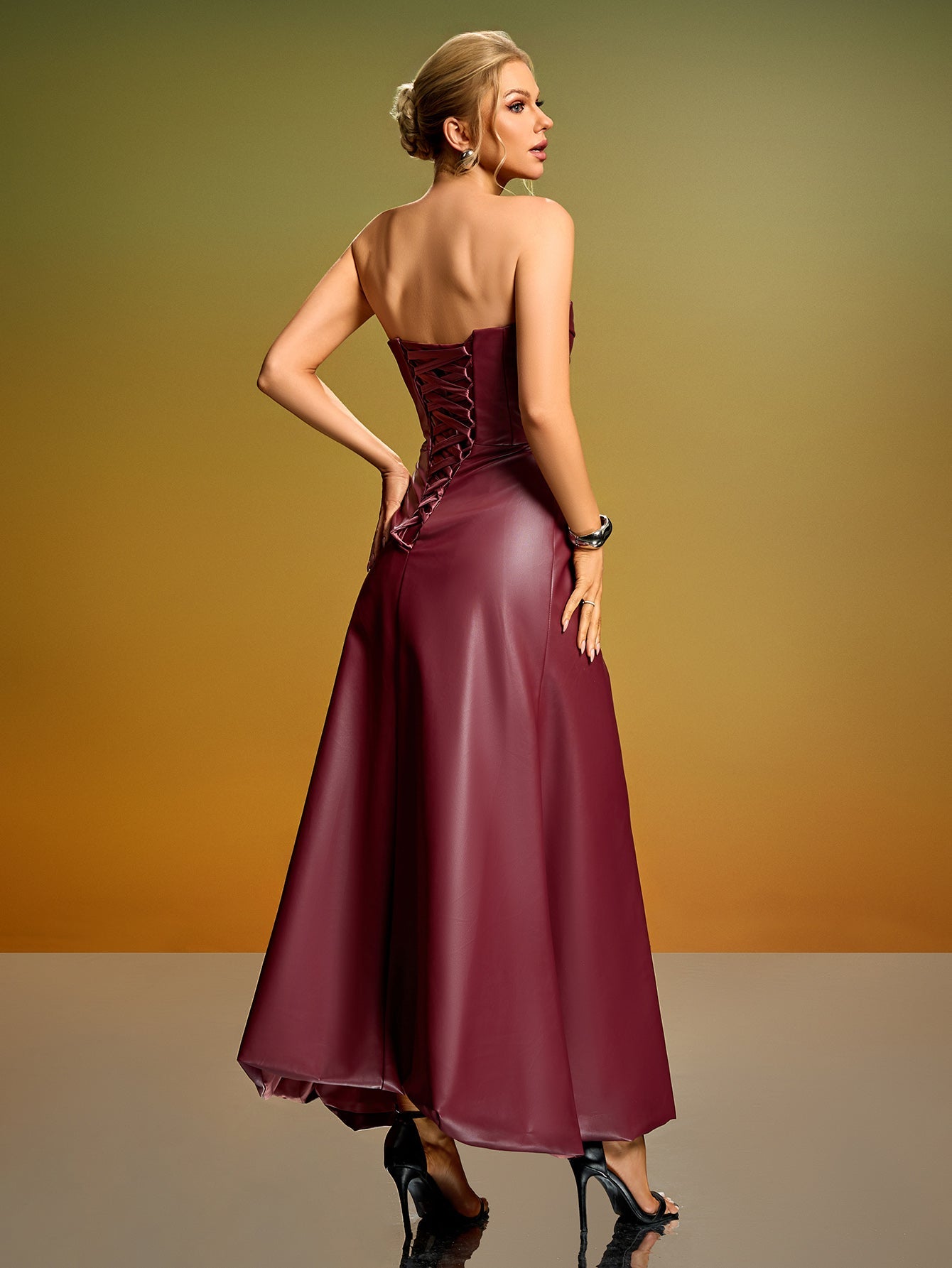 Strapless Corset PU Leather Maxi Dress
