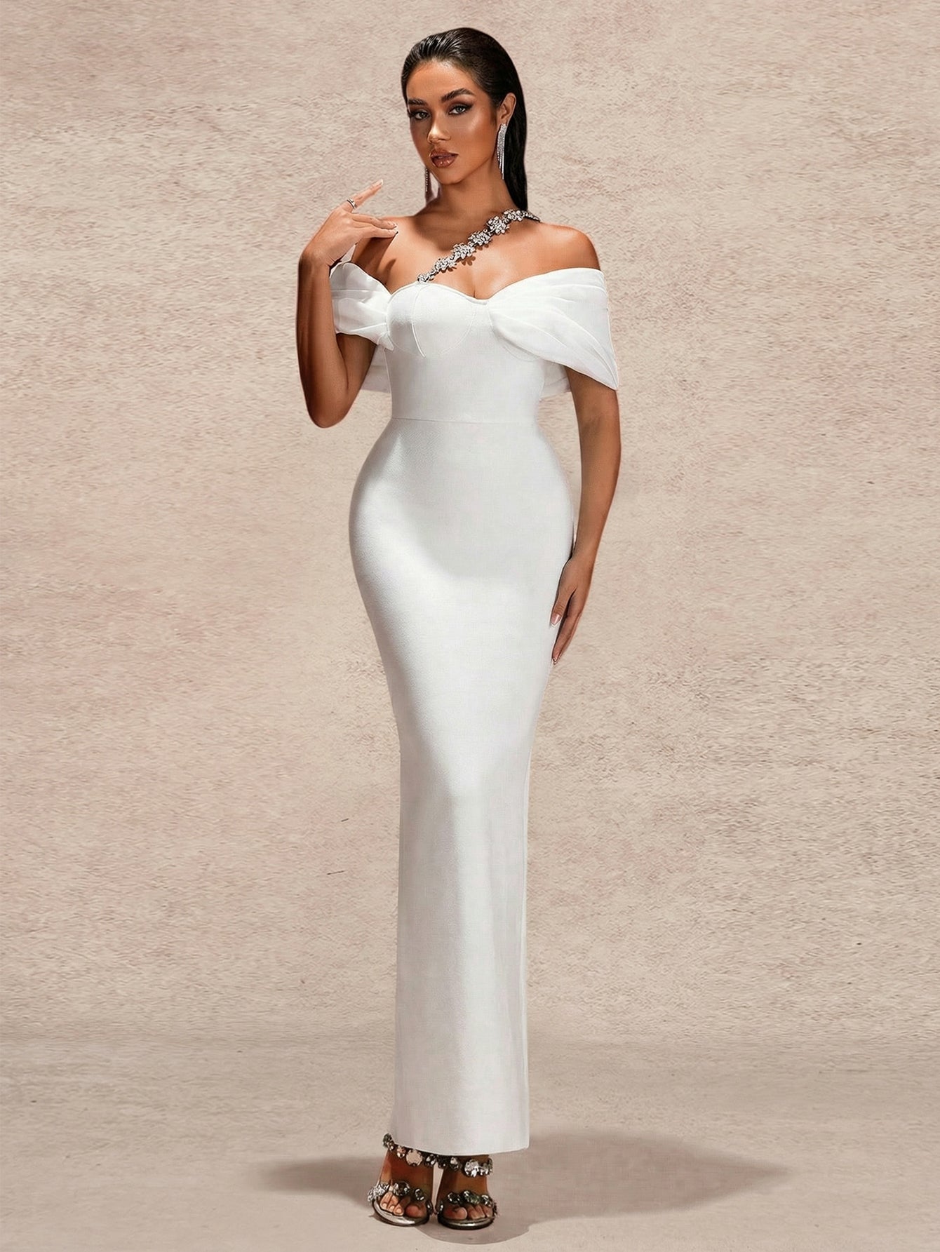 Crystal-embellished Off Shoulder Bandage Dress