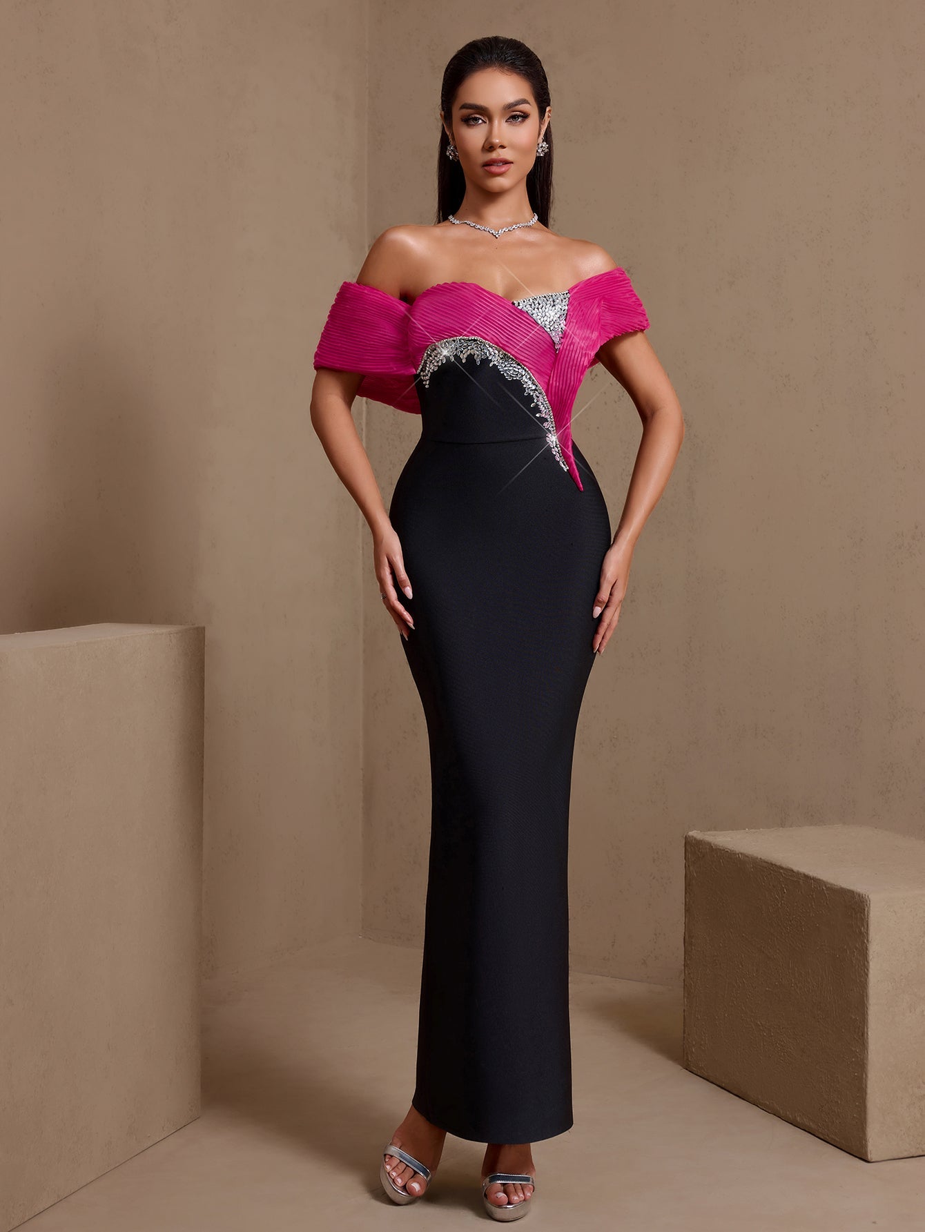 Off Shoulder Ruffled Crystal Bandage Dress