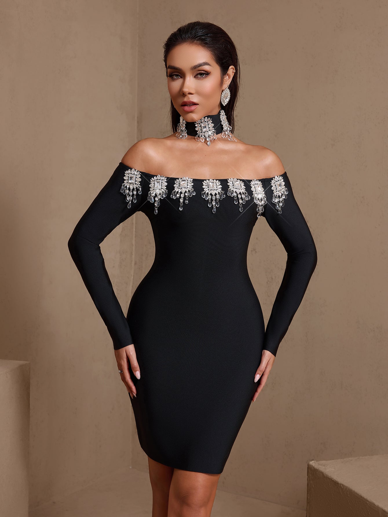 Crystal Embellished Bandage Dress With Choker