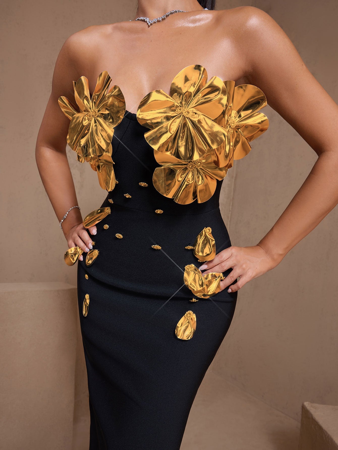 Silver-Plated Flowers Bandage Maxi Dress