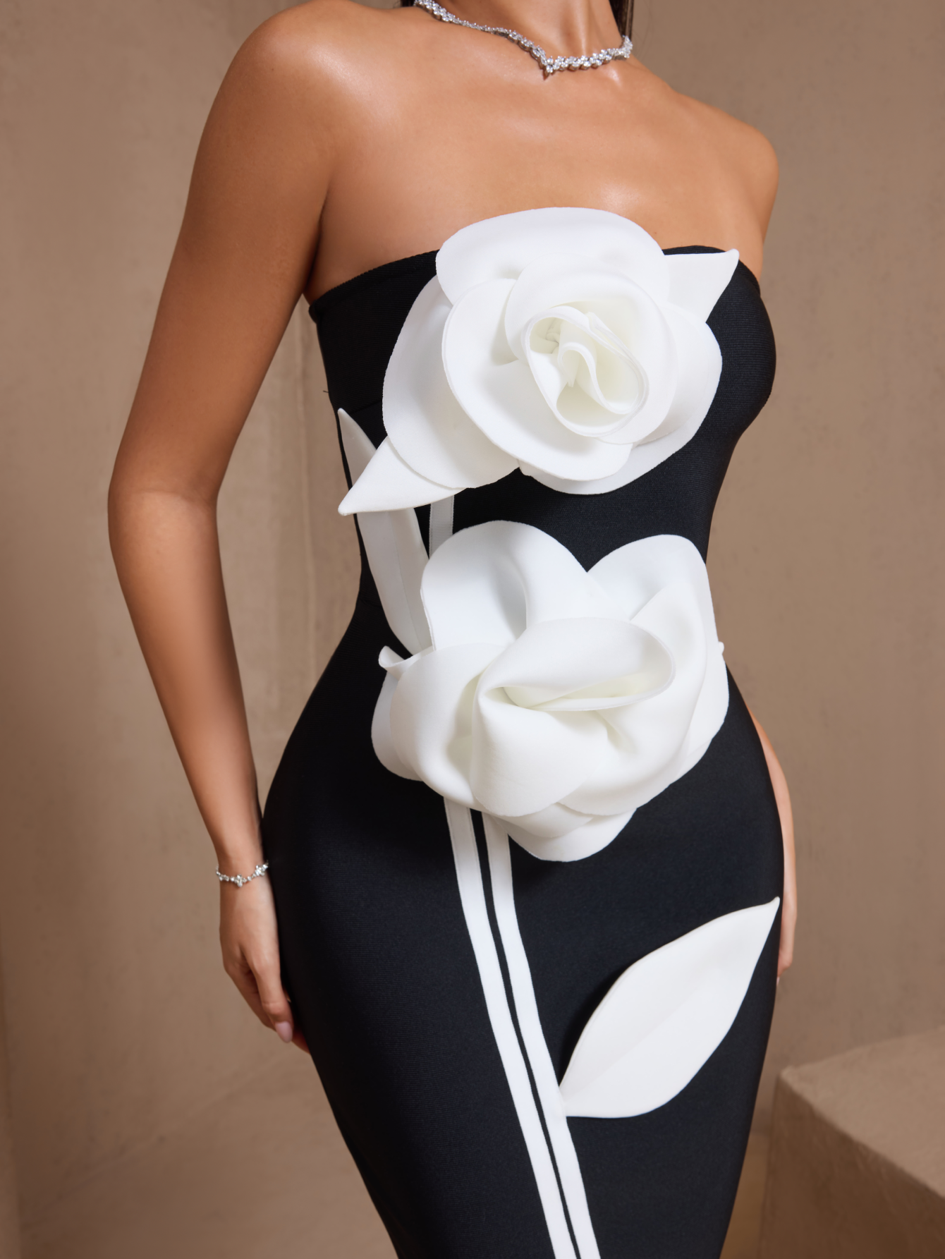 White Floral Applique Strapless Bandage Dress