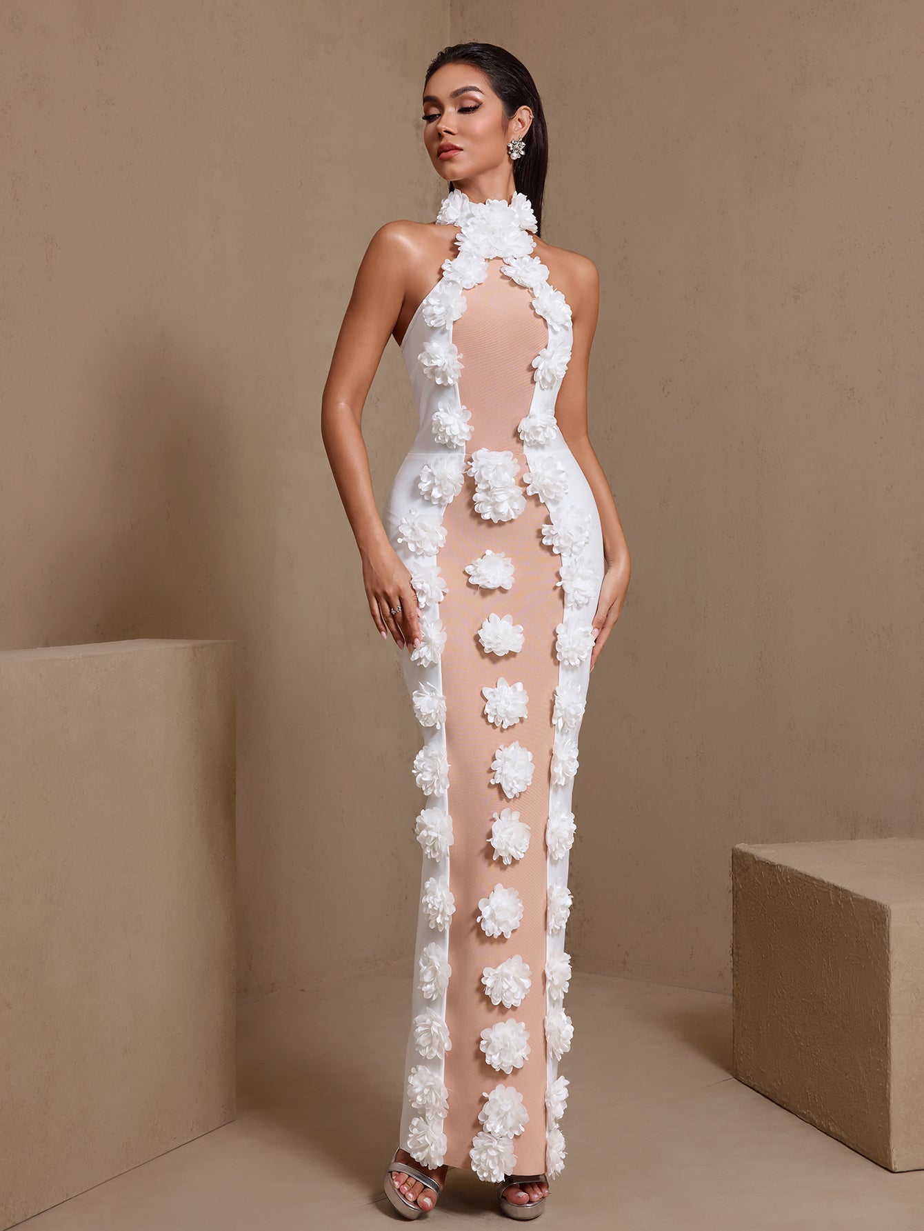 White 3D floral halter cutout bandage maxi dress, three-quarter front view