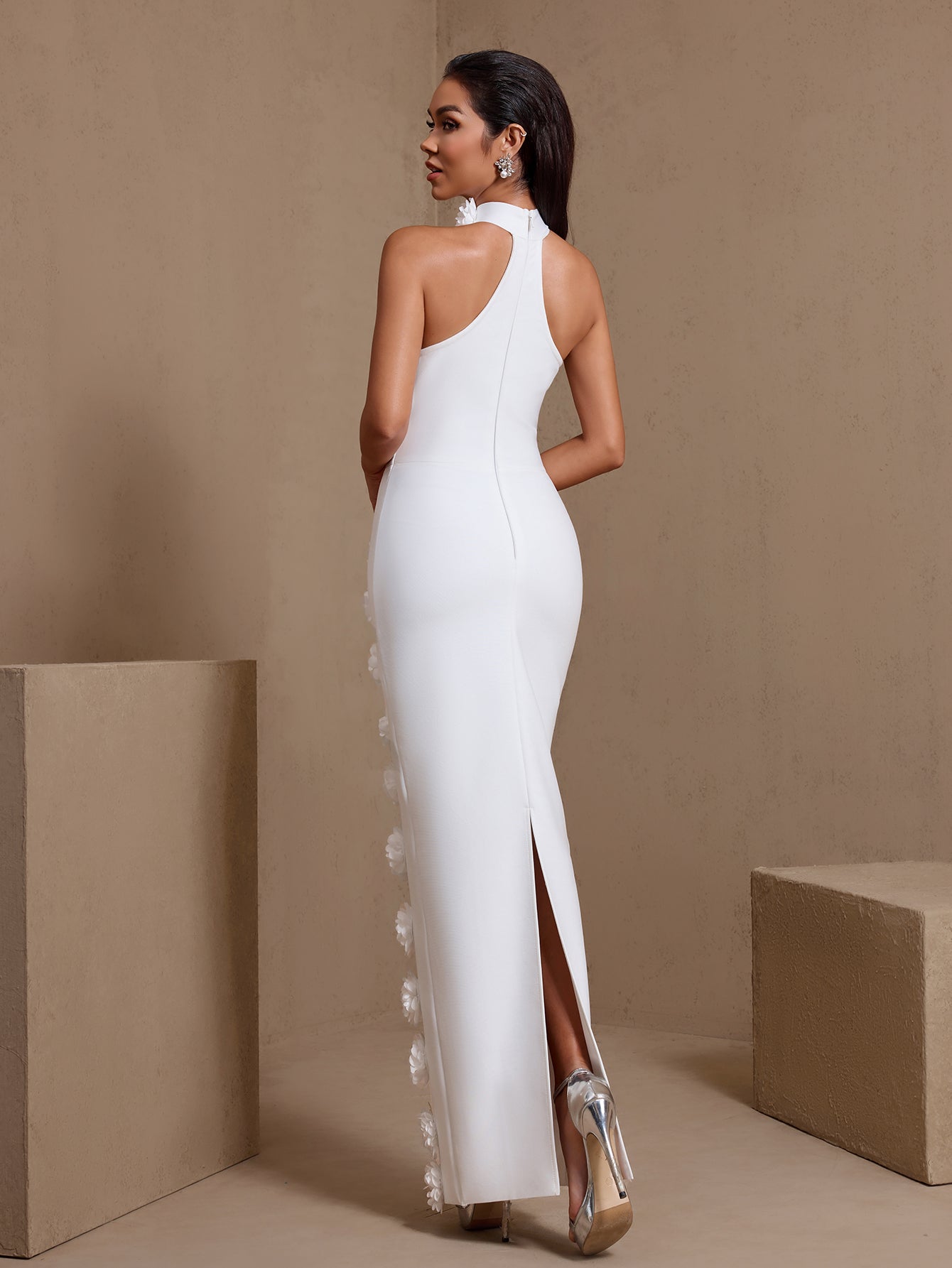 White 3D floral halter cutout bandage maxi dress, back view