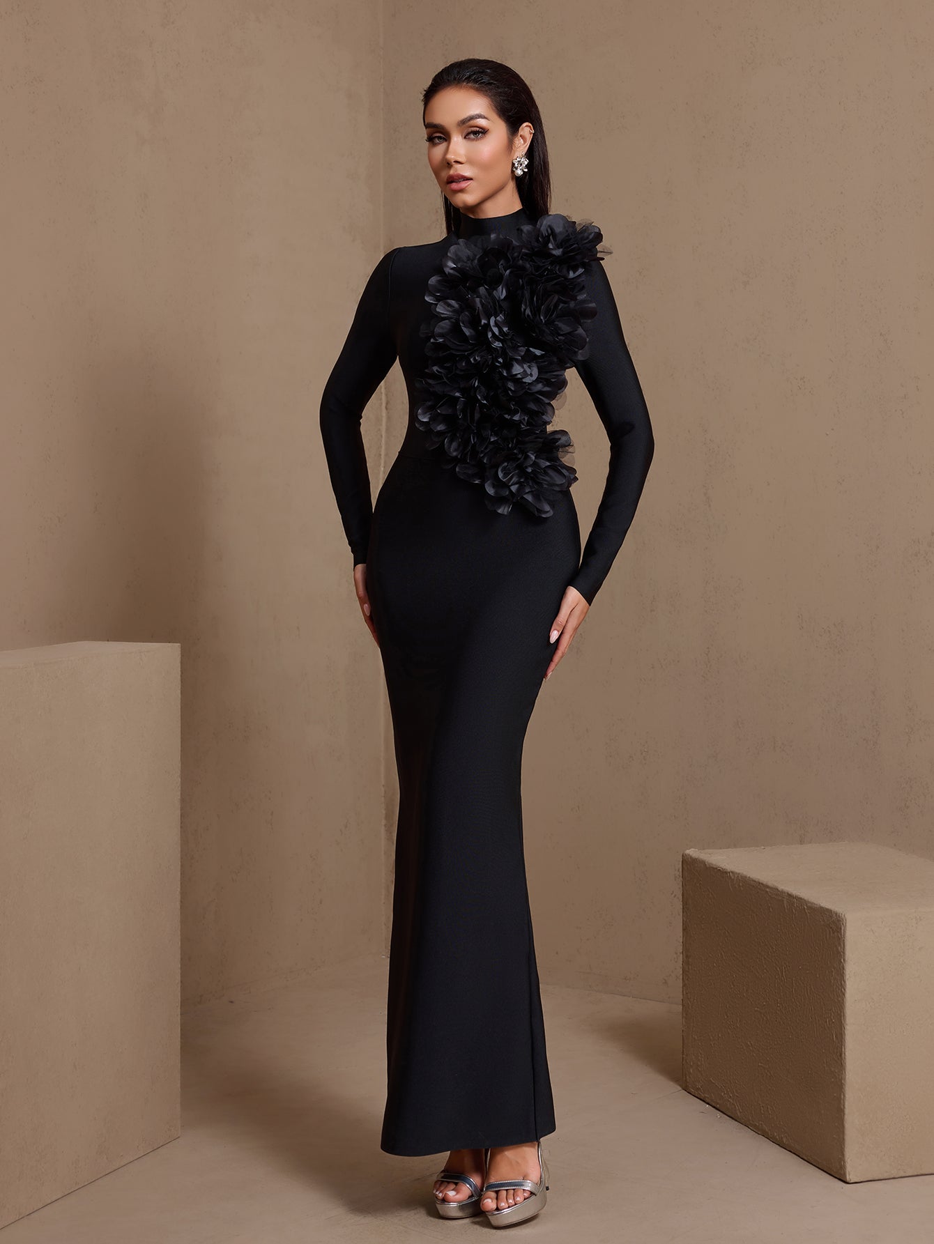 Black 3D floral high-neck bandage maxi dress, front view