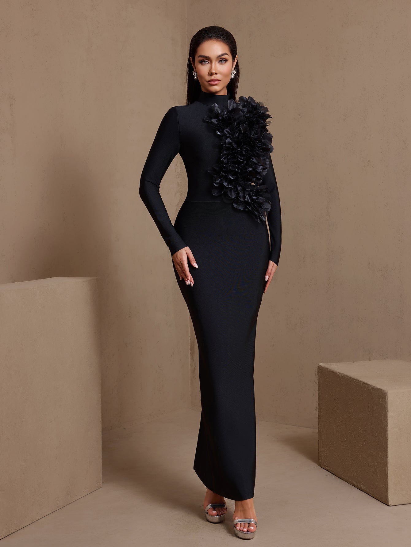 Black 3D floral high-neck bandage maxi dress, floral appliqué detail