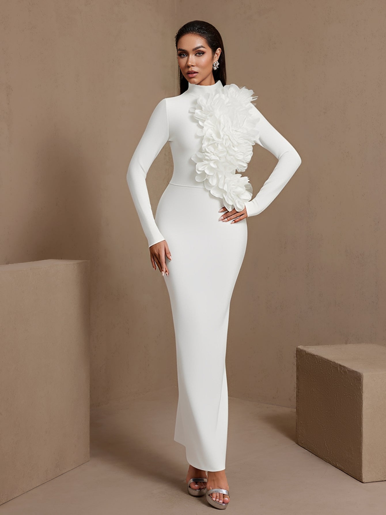White 3D floral high-neck bandage maxi dress, front view