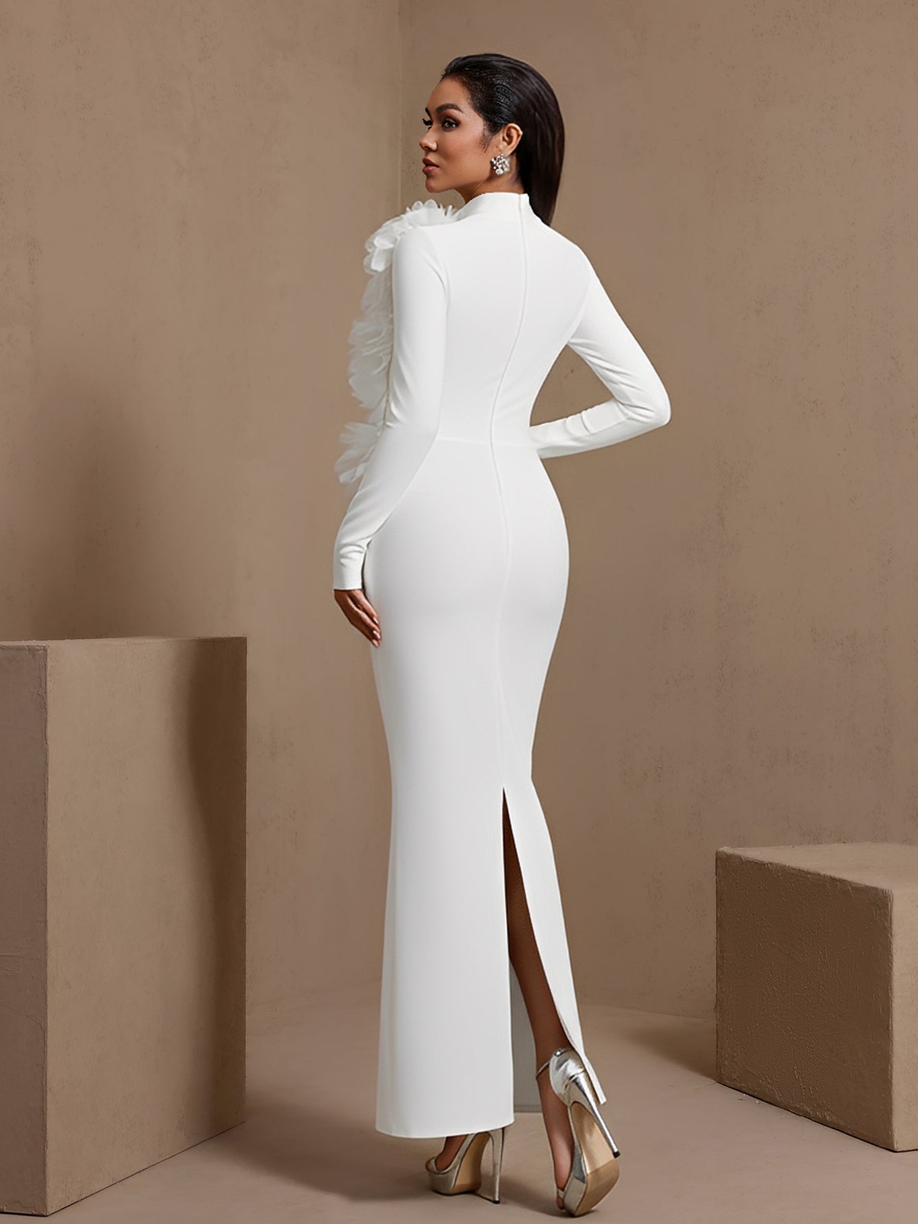 White 3D floral high-neck bandage maxi dress, rear view