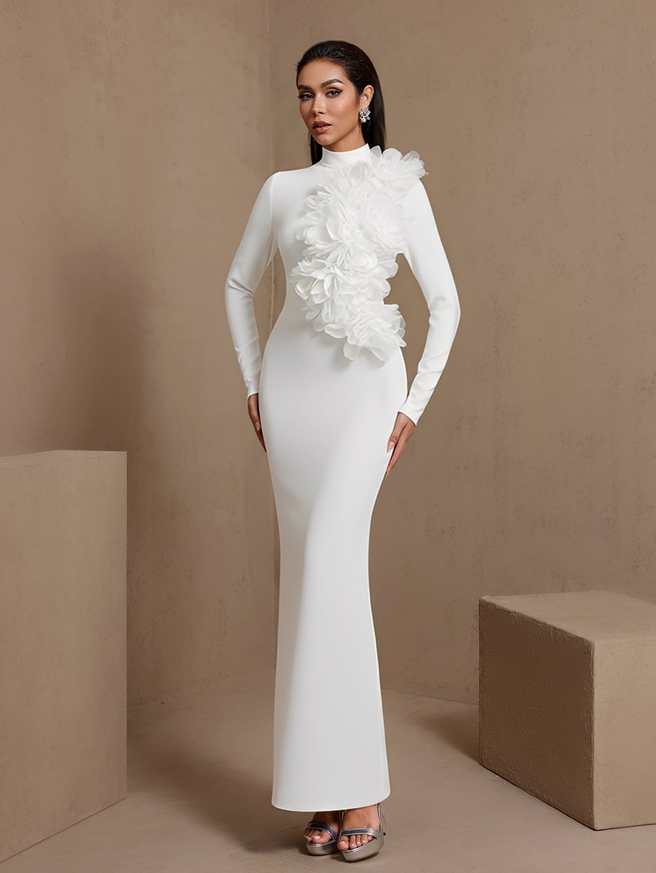 White 3D floral high-neck bandage maxi dress, angled front view