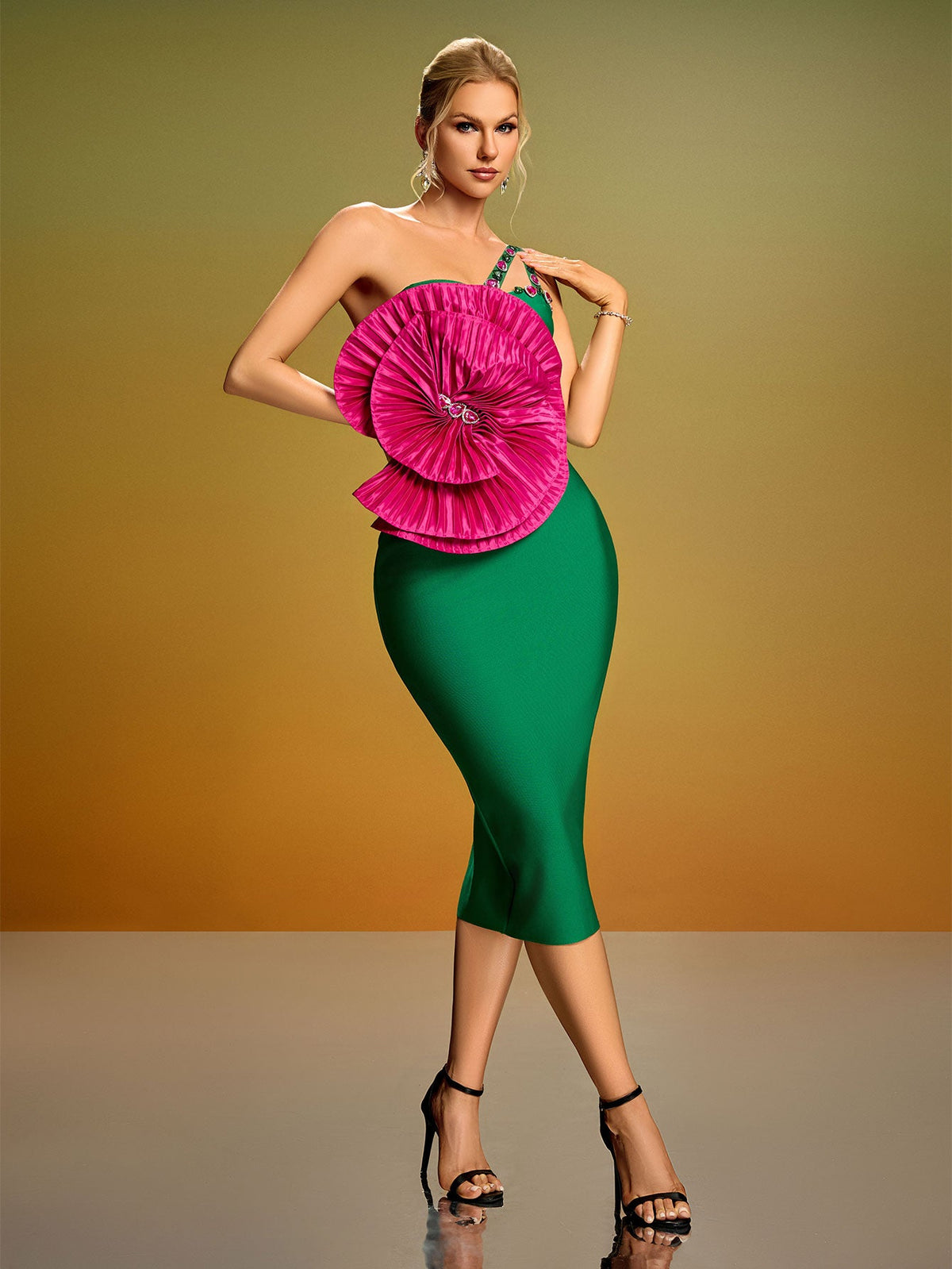 3D Flower Pleated Bandage Midi Dress, front view