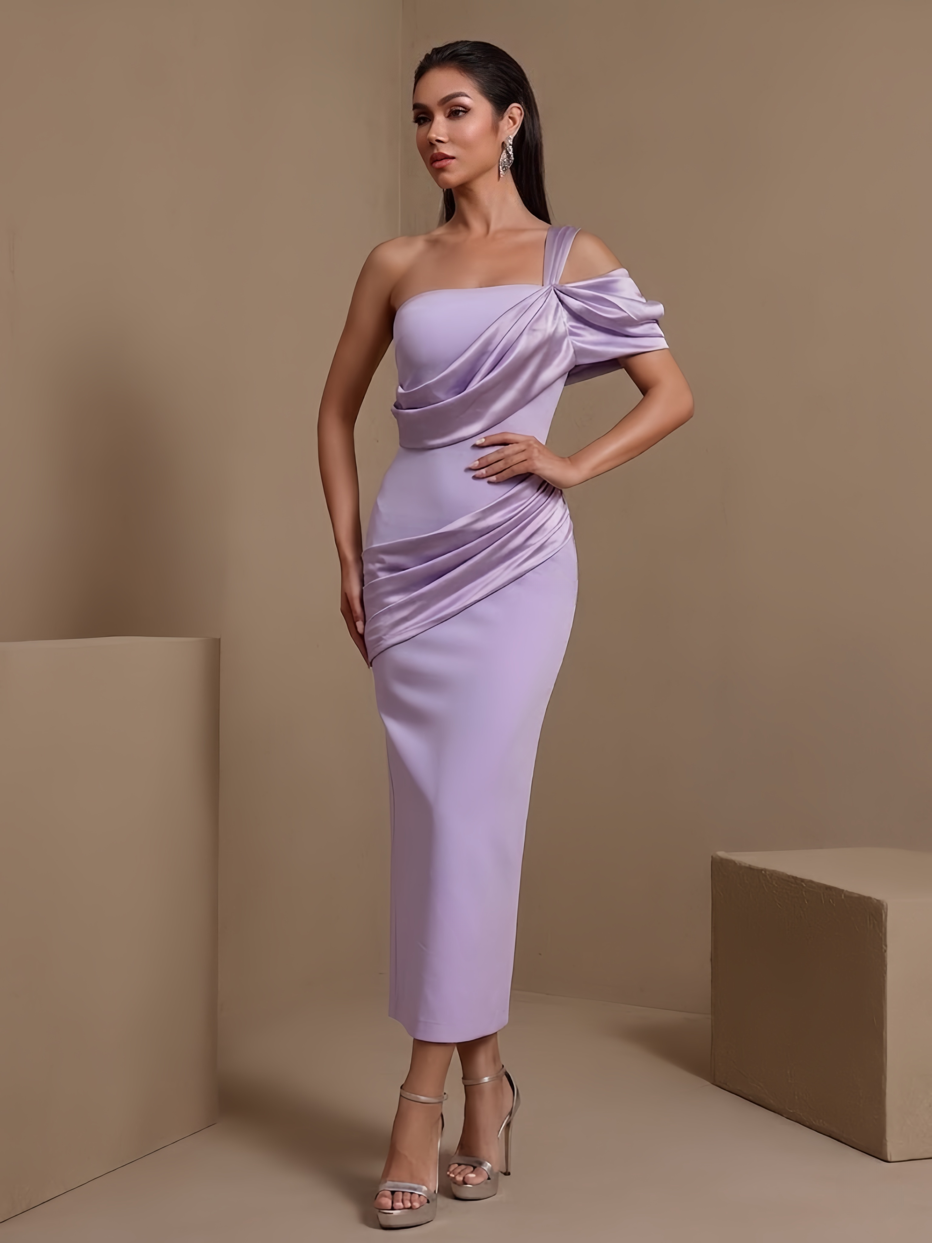 Asymmetric Satin Draped Ruched Bandage Dress