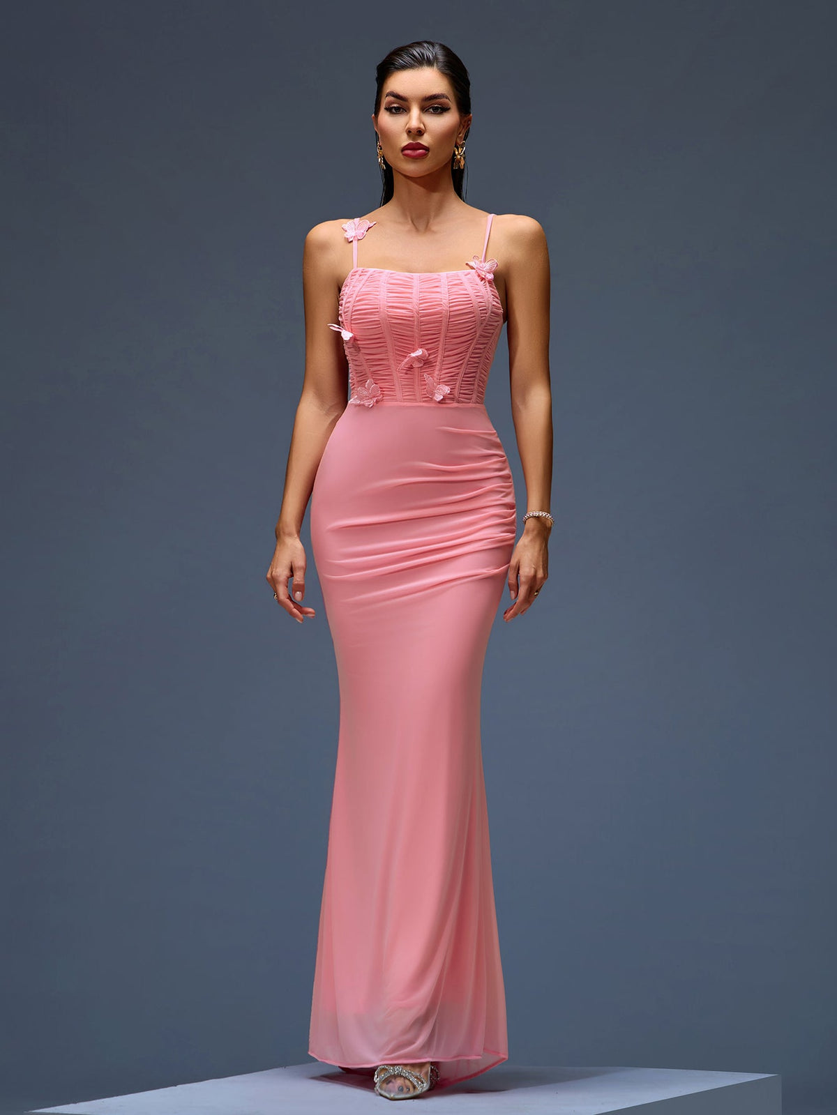 Appliqué Mesh Corset Maxi Dress, front view