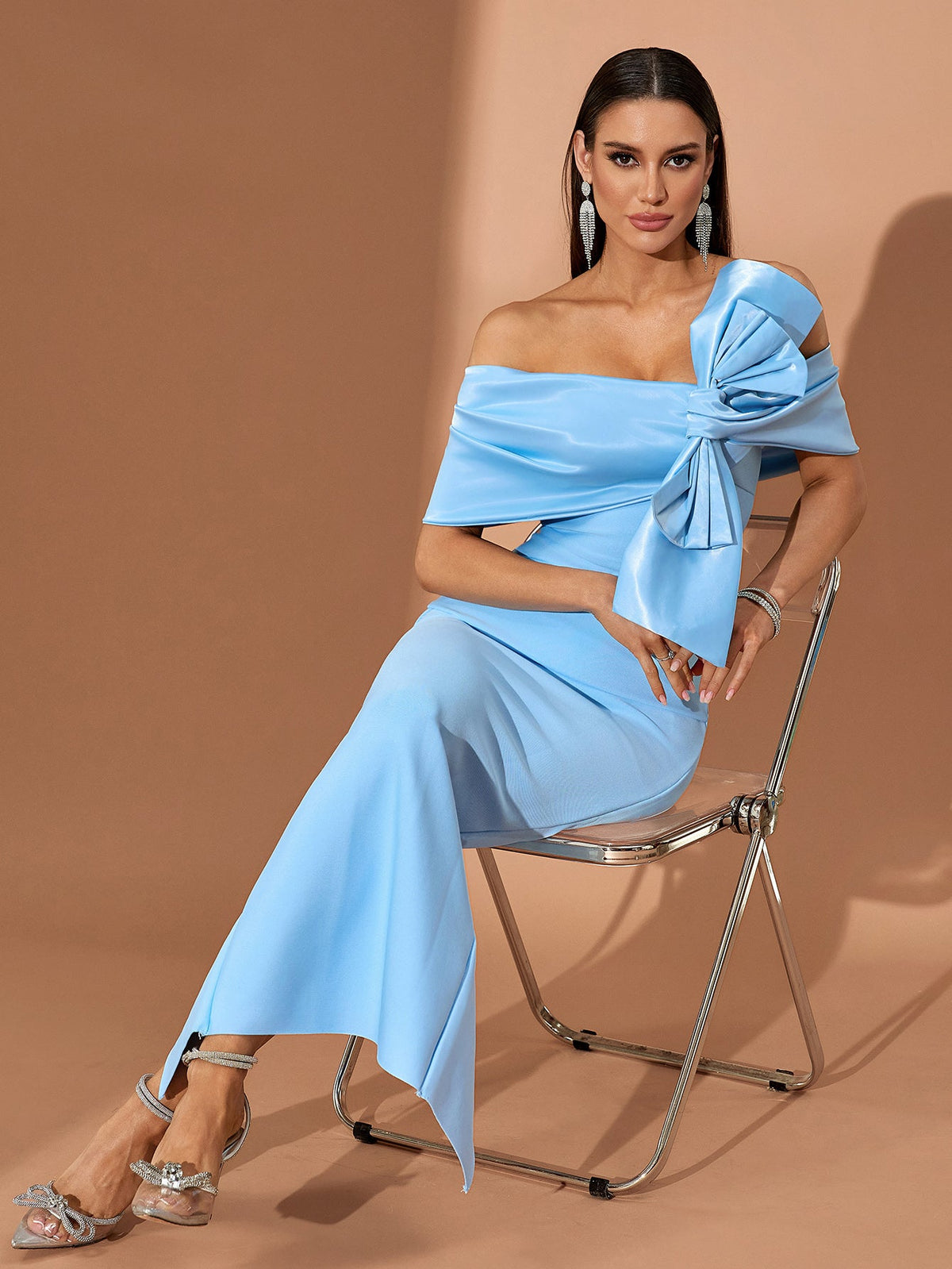 Asymmetric Bow Bandage Midi Dress, front view