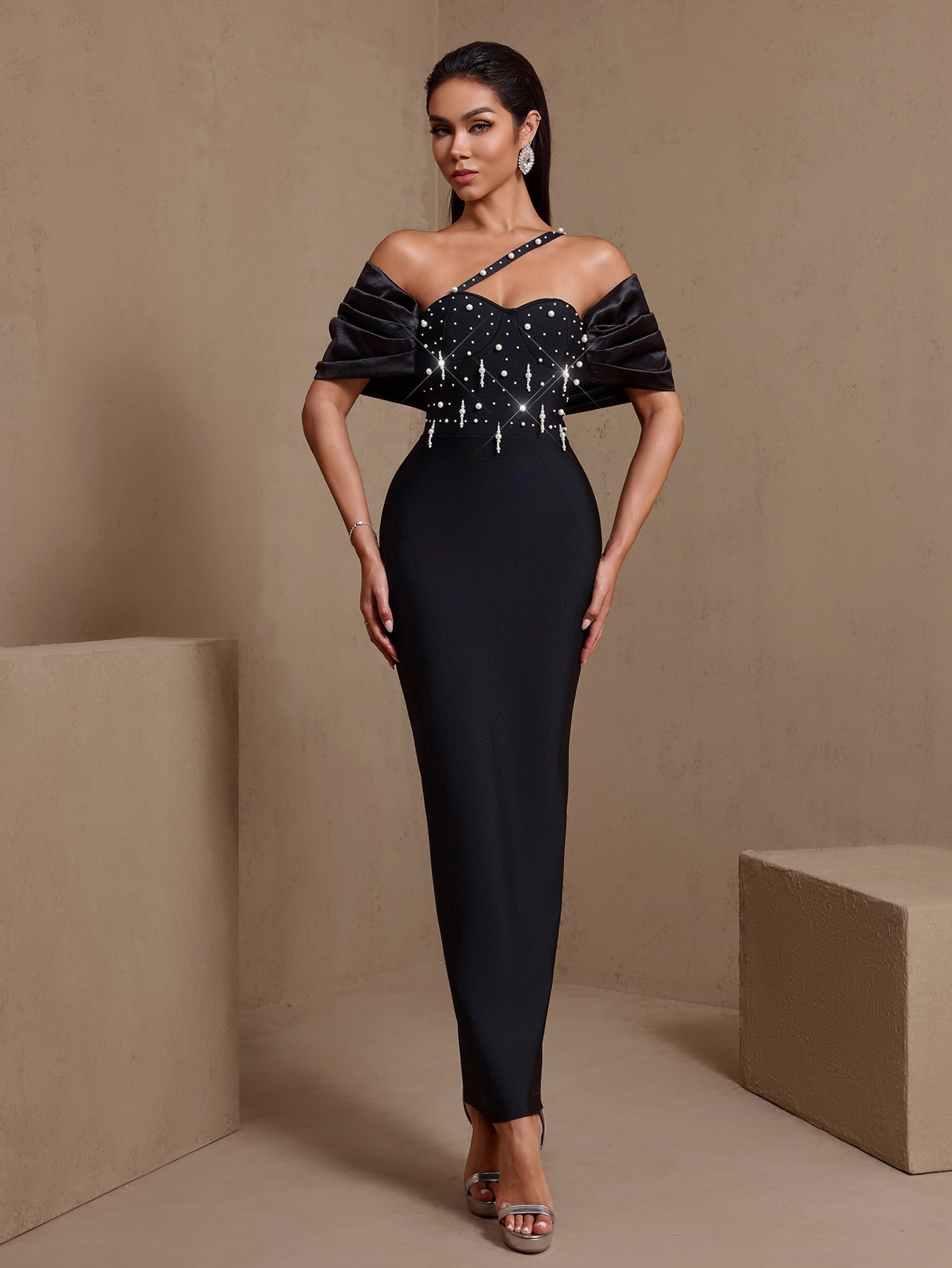 Black asymmetric pearl cascade bandage maxi dress, pearl bodice detail