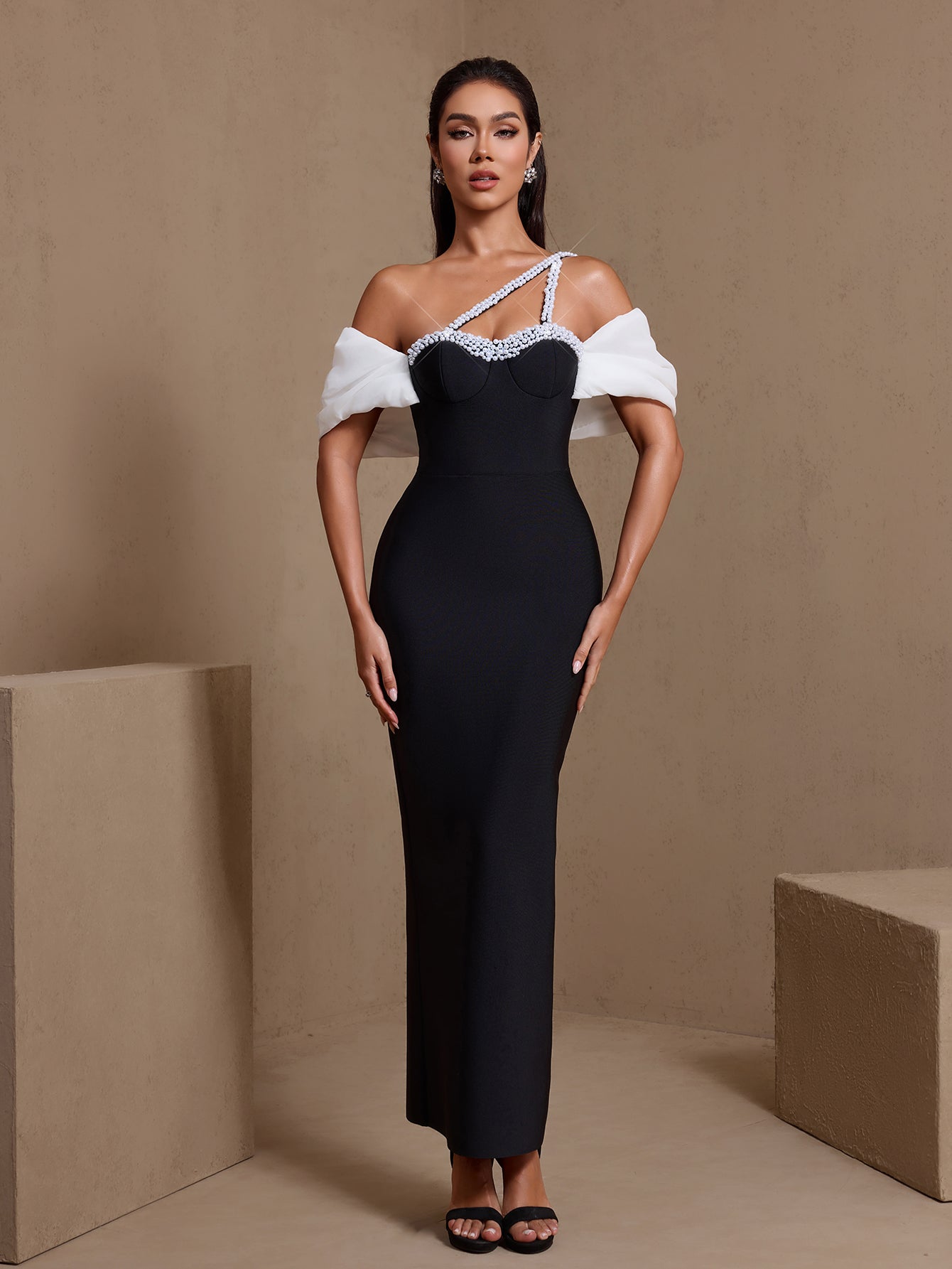 Asymmetric pearl-embellished bandage maxi dress, full front view