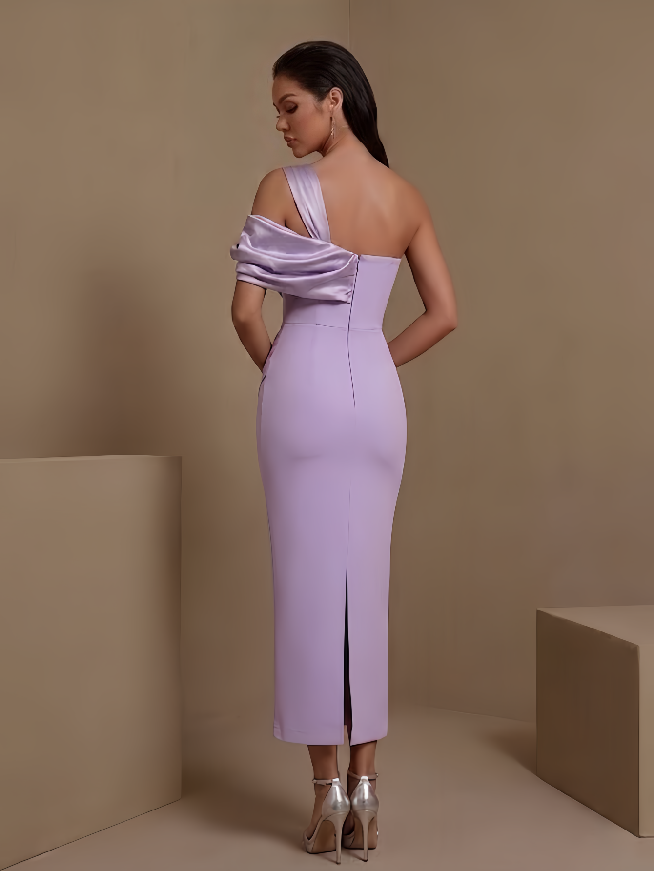 Light purple asymmetric satin draped bandage maxi dress, back view