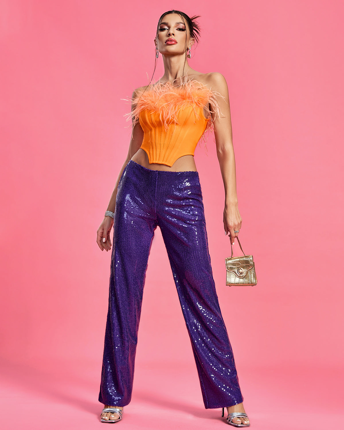 Purple Sequin Pants & Feather Corset Set