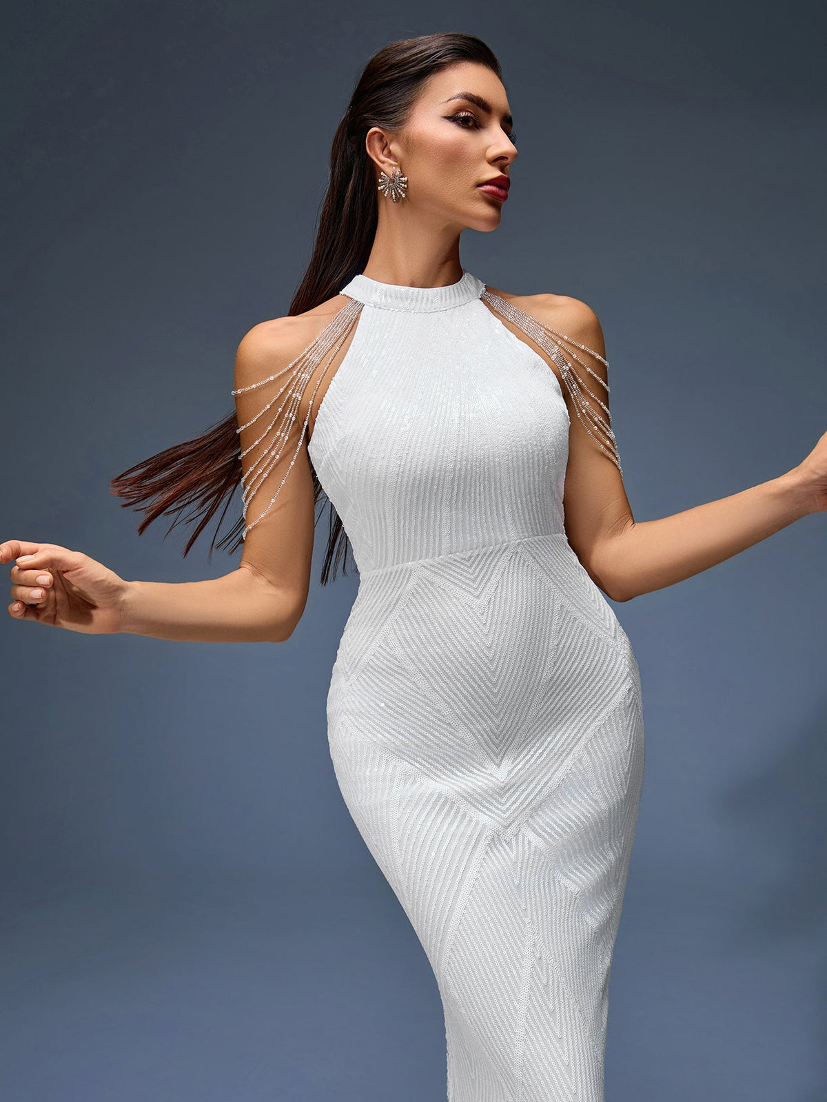 Beaded Chain Fringe Evening Dress, detail view