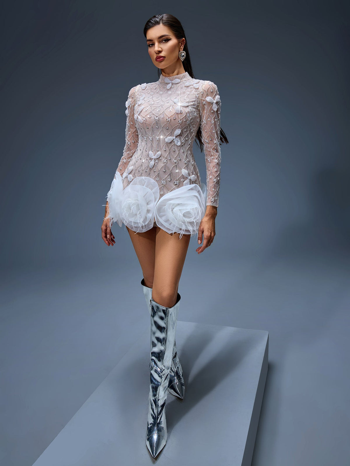 Beaded Mesh Floral Hem Mini Dress, front view