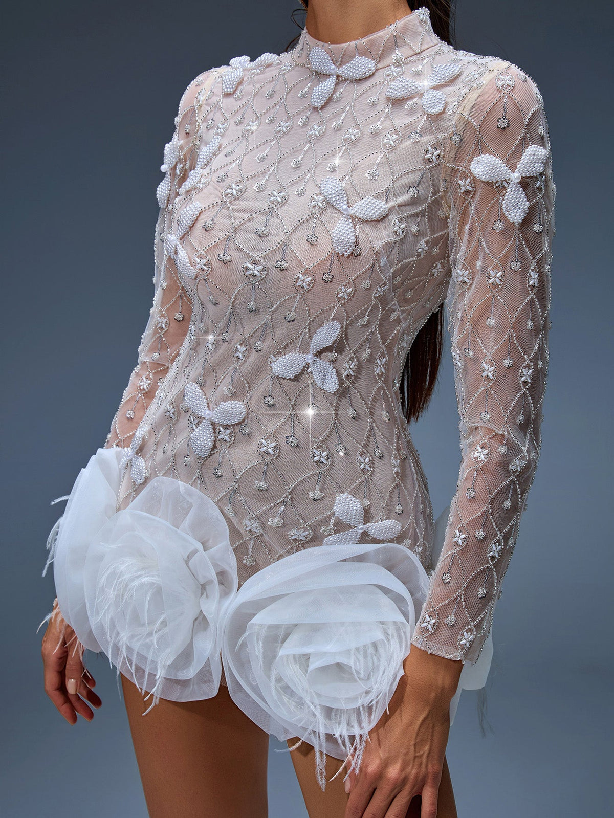 Beaded Mesh Floral Hem Mini Dress, detail view