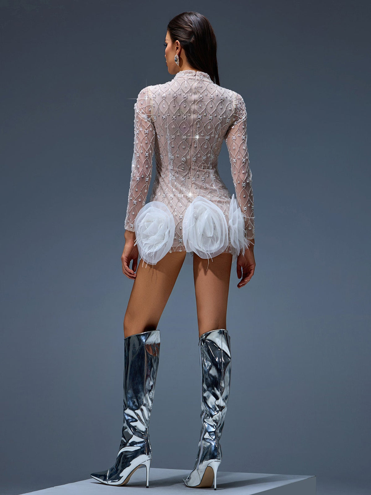 Beaded Mesh Floral Hem Mini Dress, side view