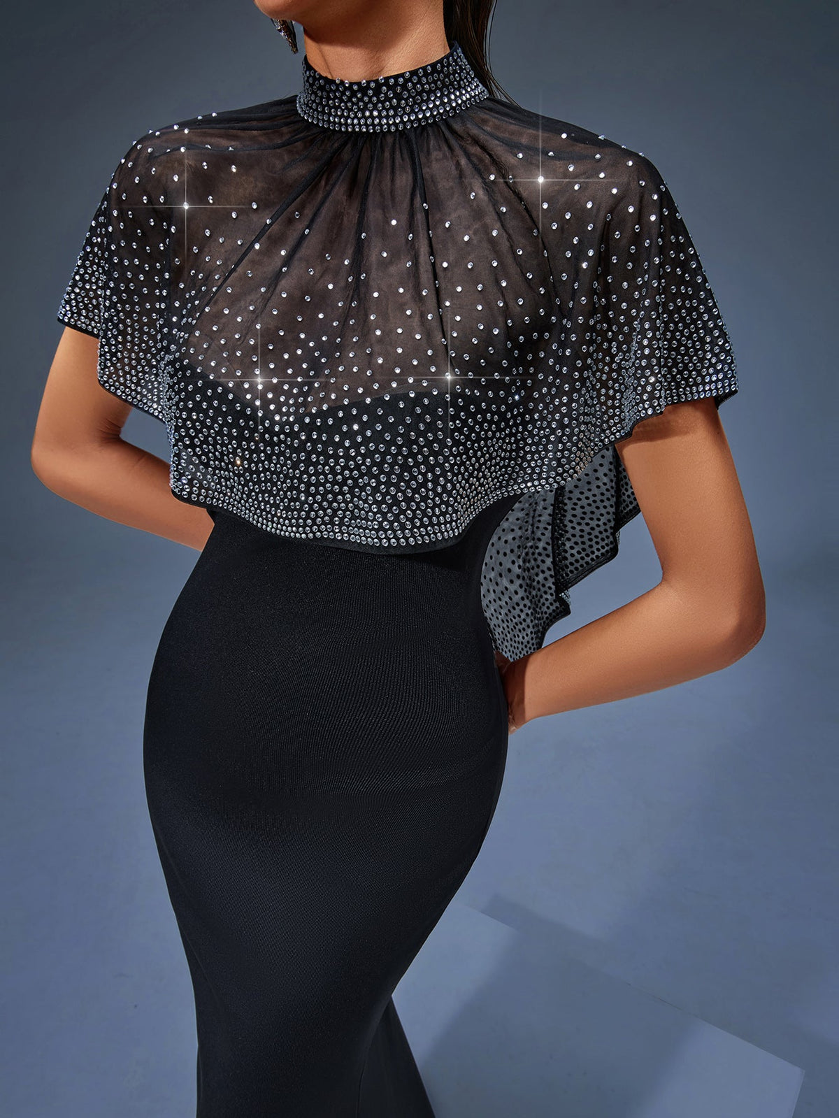 Beaded Neck Tulle Cape Maxi Dress, back view