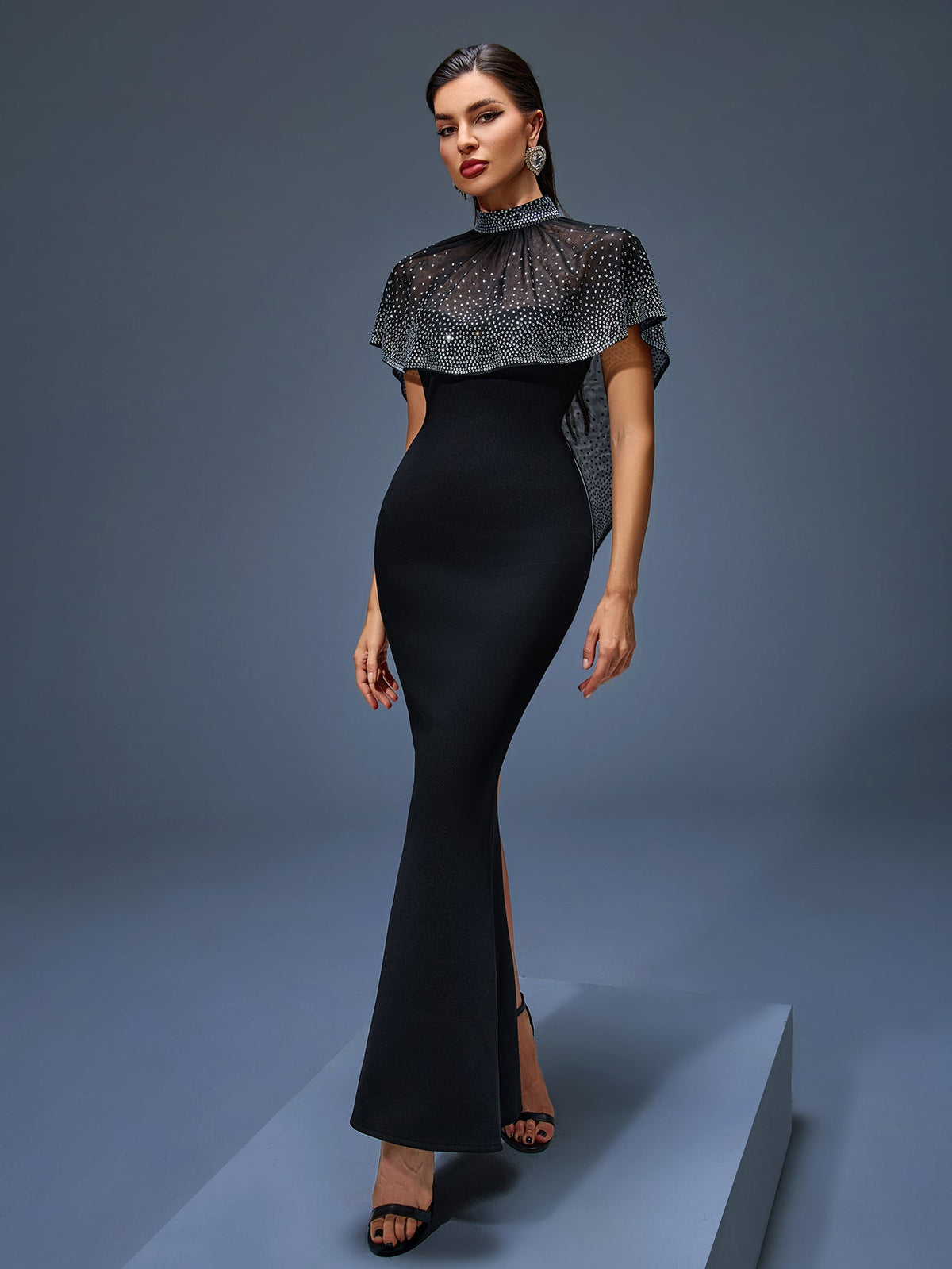 Beaded Neck Tulle Cape Maxi Dress, detail view