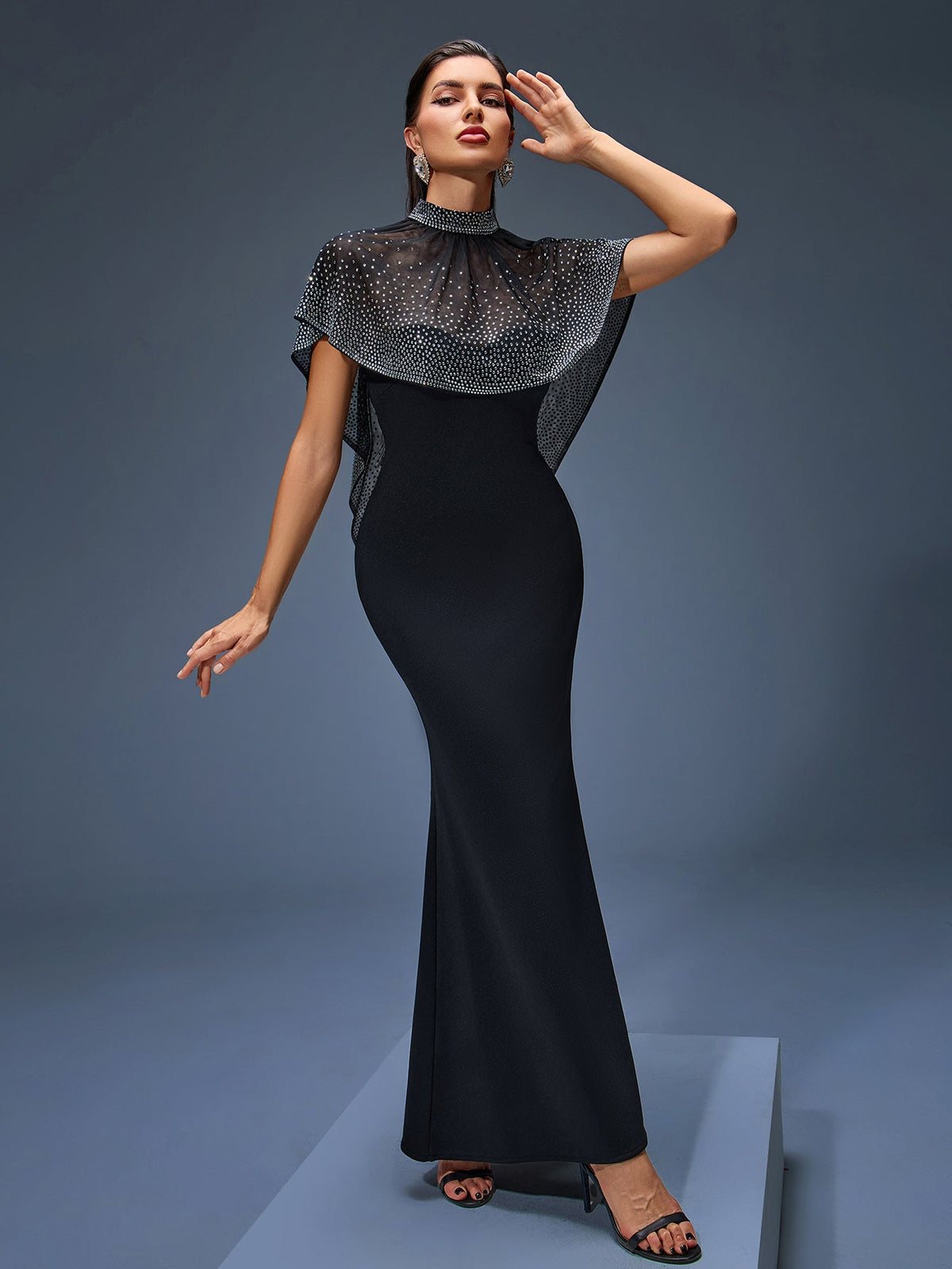 Beaded Neck Tulle Cape Maxi Dress, back detail view