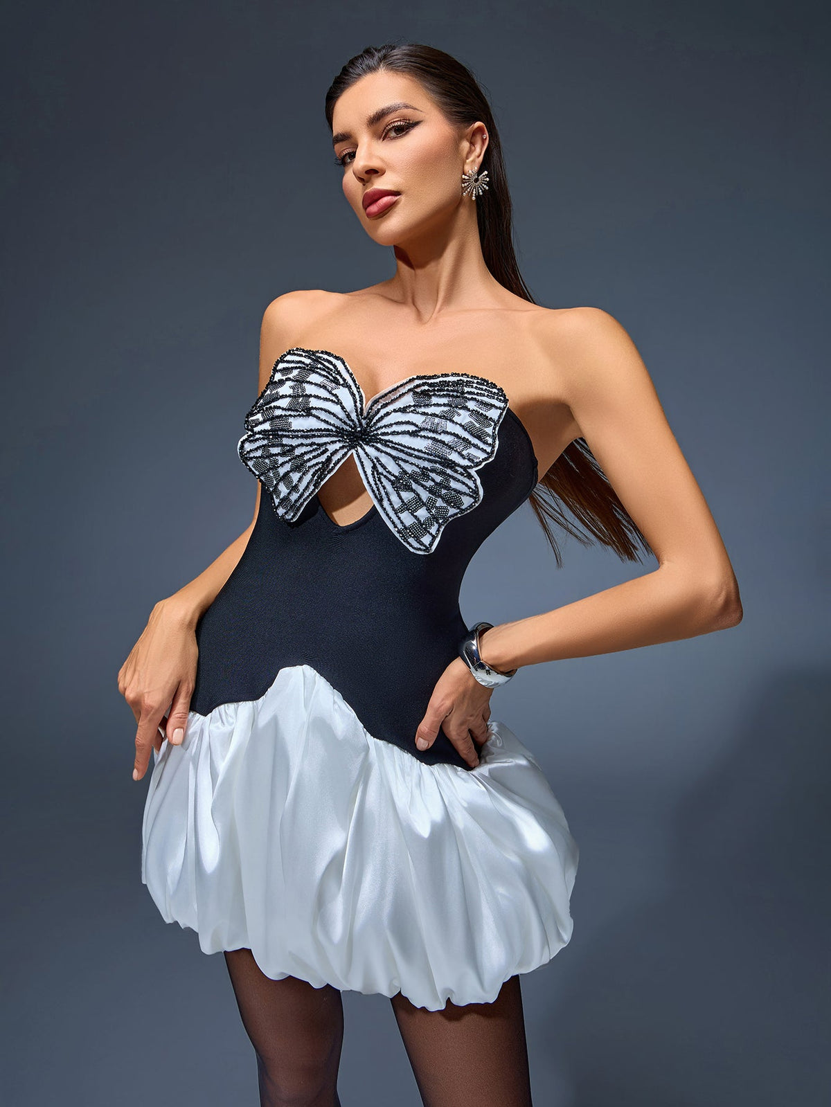 Butterfly Embroidered Cutout Mini Bubble Dress, front view