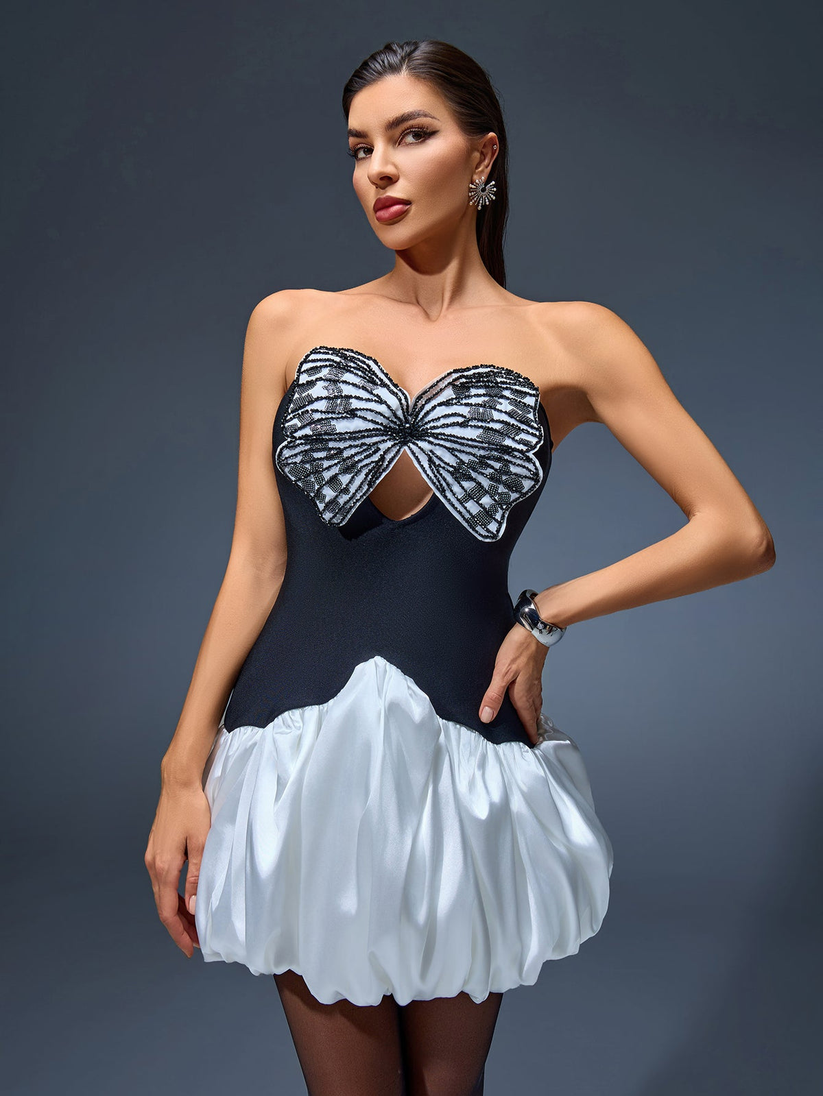Butterfly Embroidered Cutout Mini Bubble Dress, back view