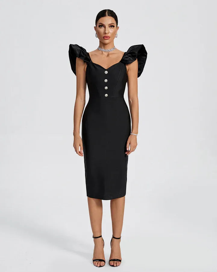 Photo of the Midi Dress Coquette by Majestique in black, featuring puff satin sleeves, structured fit, and central buttons.