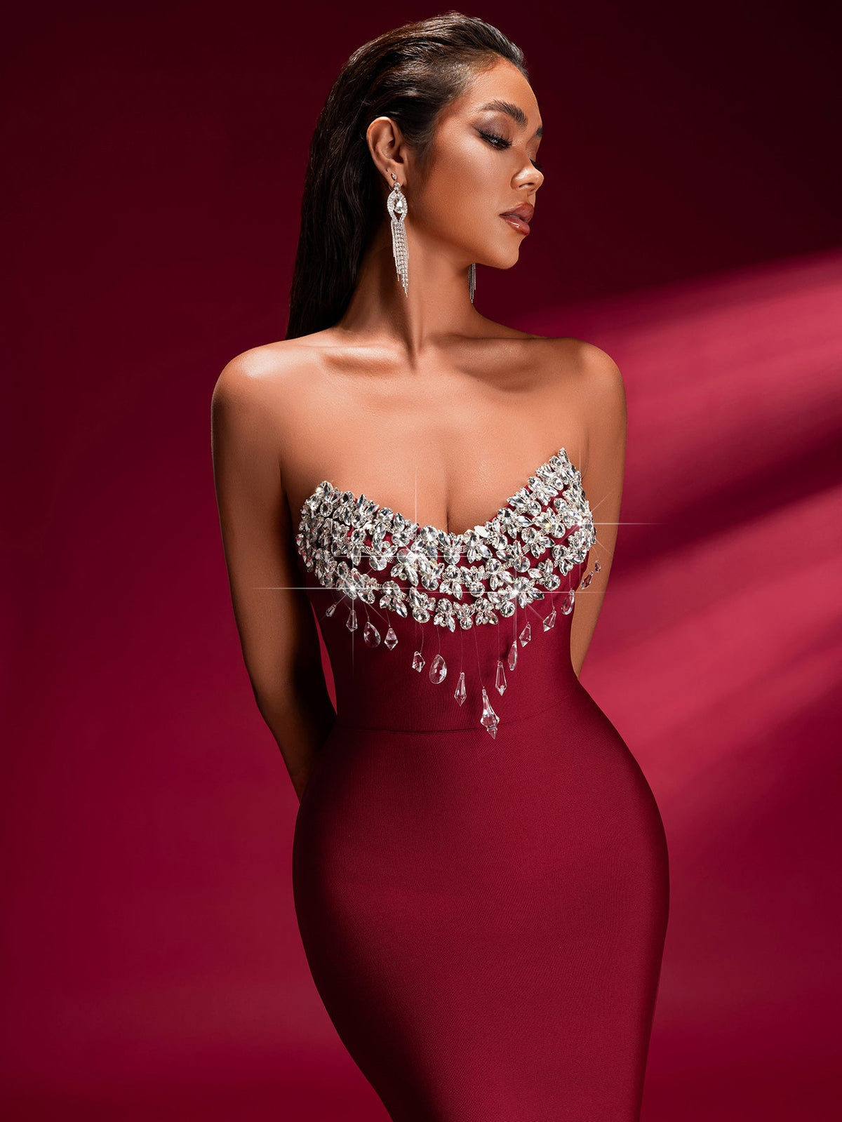 Crystal Appliqué Bandage Mermaid Gown, back view