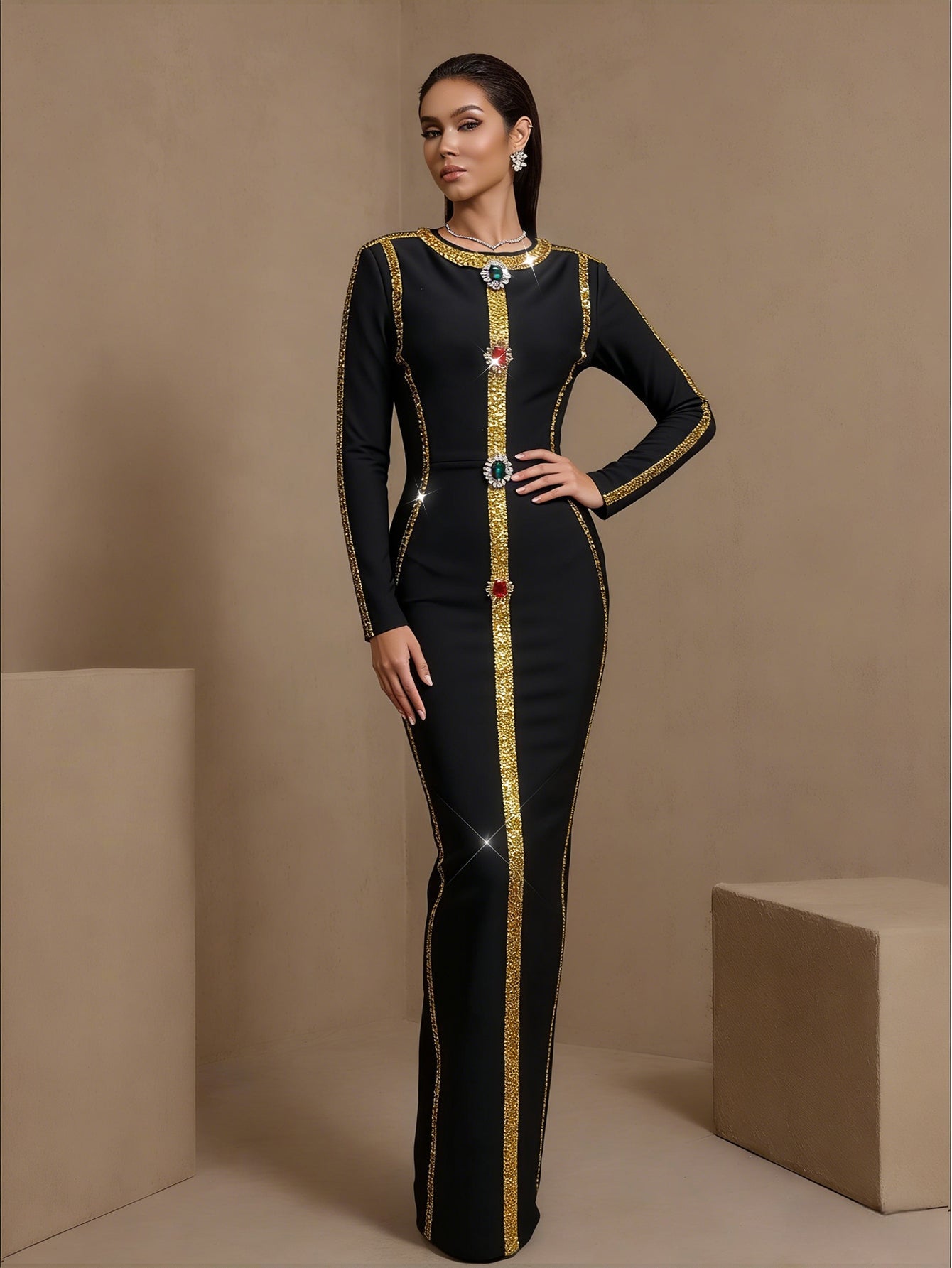 Black crystal chain-trim bandage maxi dress, full front view