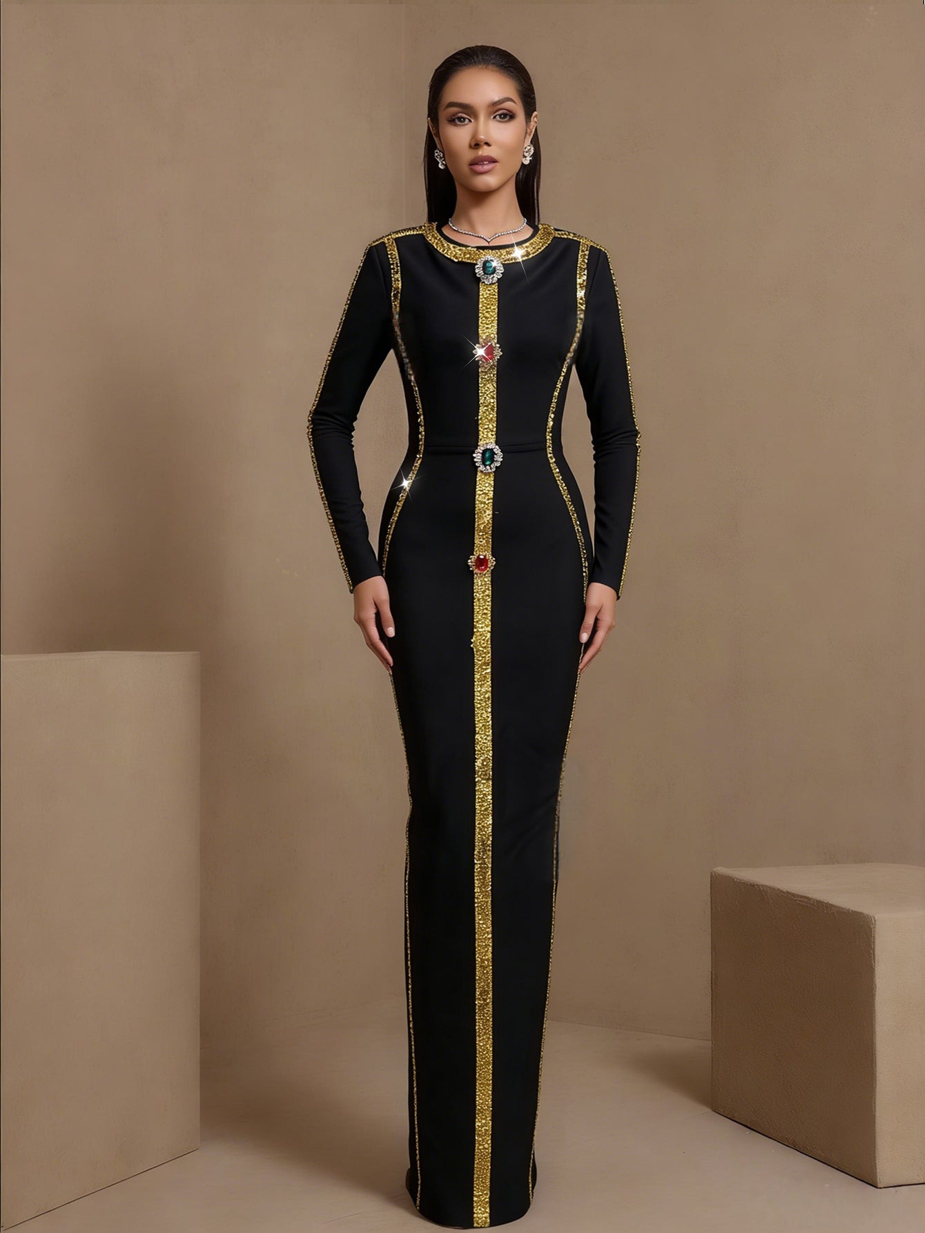 Black crystal chain-trim bandage maxi dress, front view