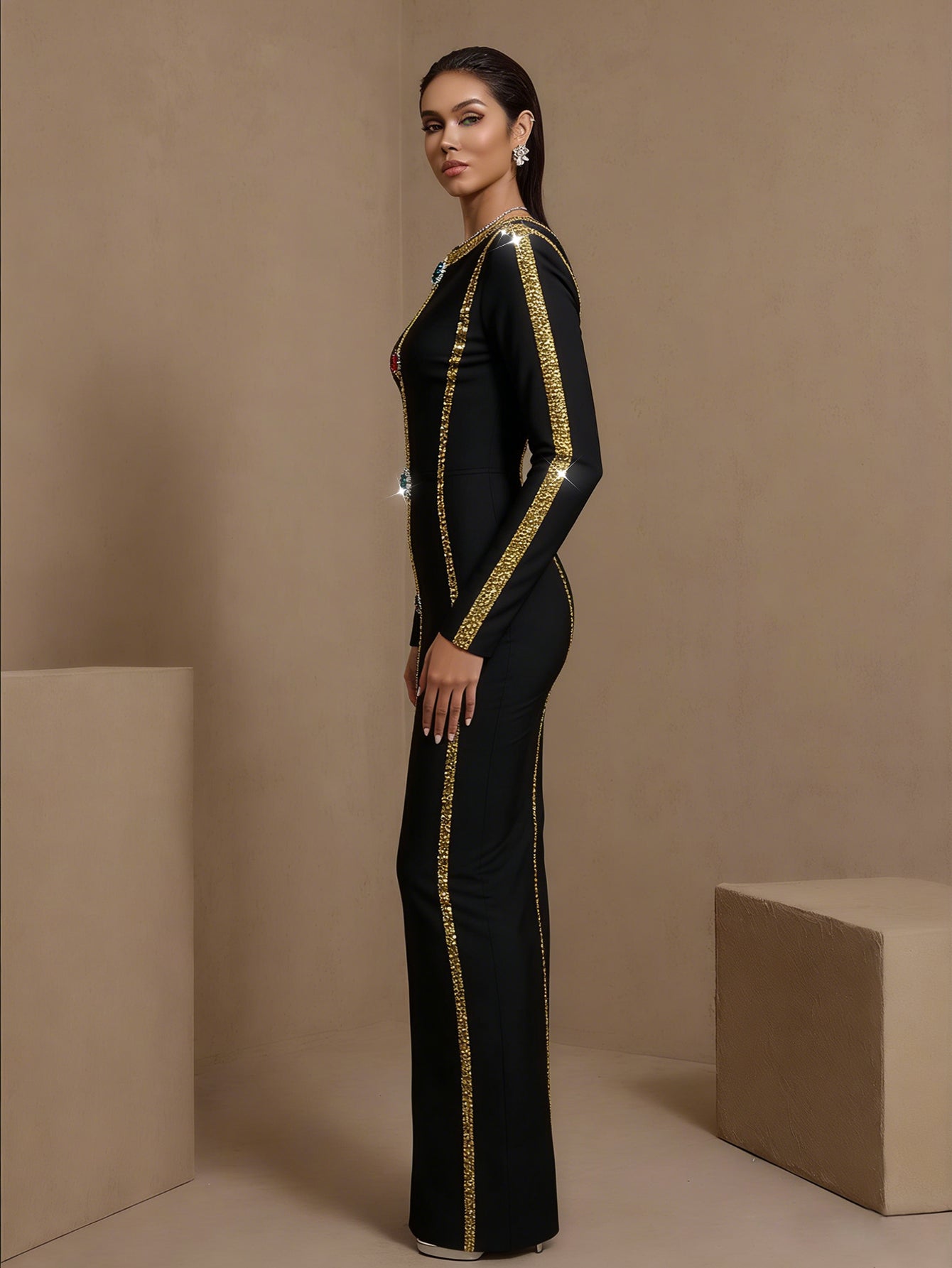 Black crystal chain-trim bandage maxi dress, side view