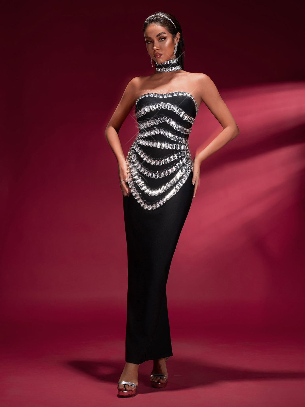 Crystal Embellished Bandage Gown with Collar, back view