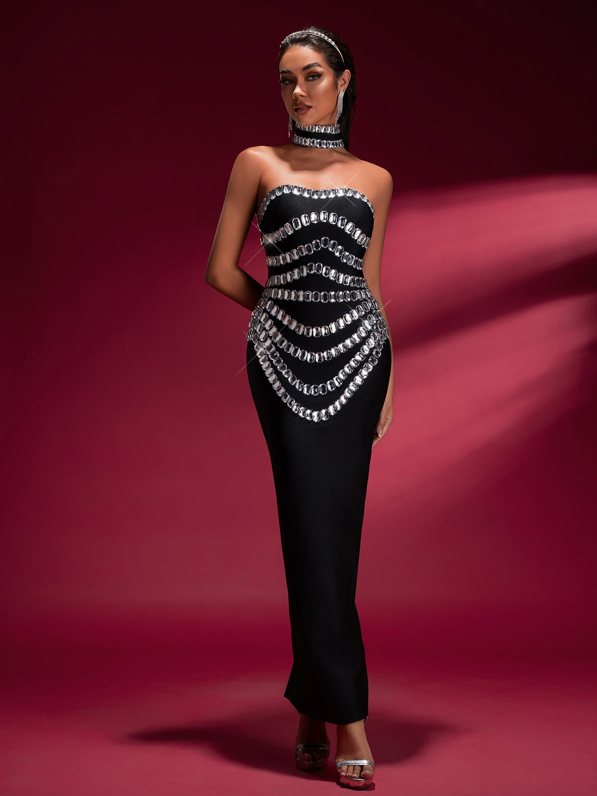 Crystal Embellished Bandage Gown with Collar, side view