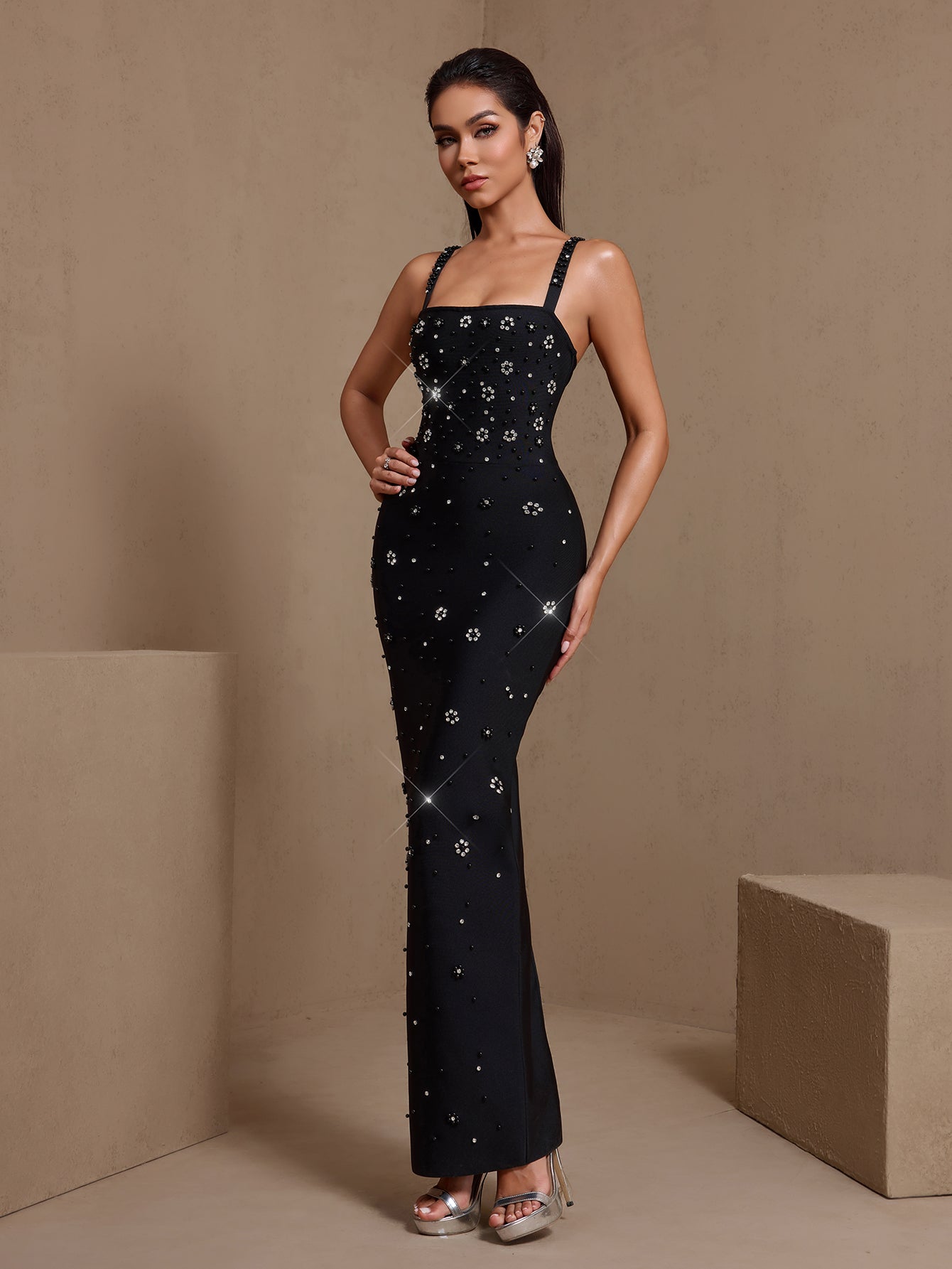 Black crystal-embellished square-neck bandage maxi dress, side view