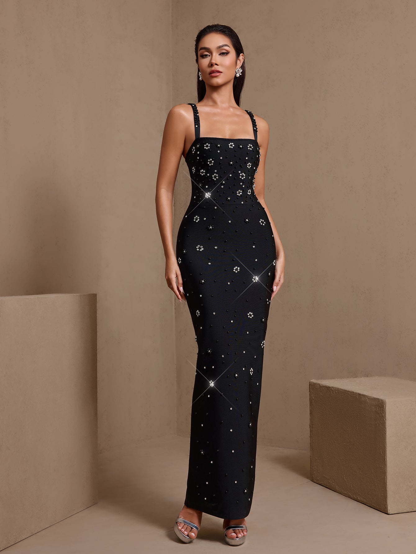 Black crystal-embellished square-neck bandage maxi dress, full-length view