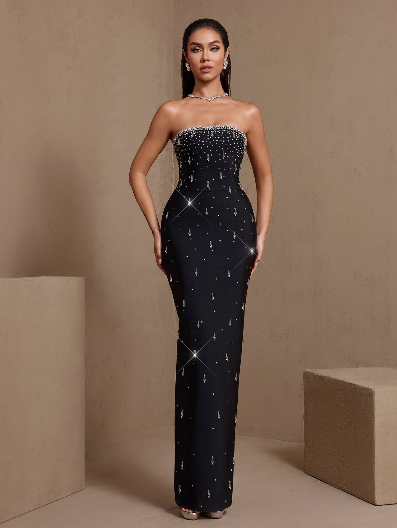 Black crystal-embellished strapless bandage maxi dress, full-length front view