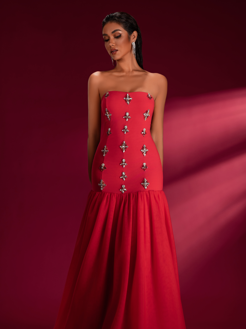 Crystal Embellished Tulle Strapless Gown, back view