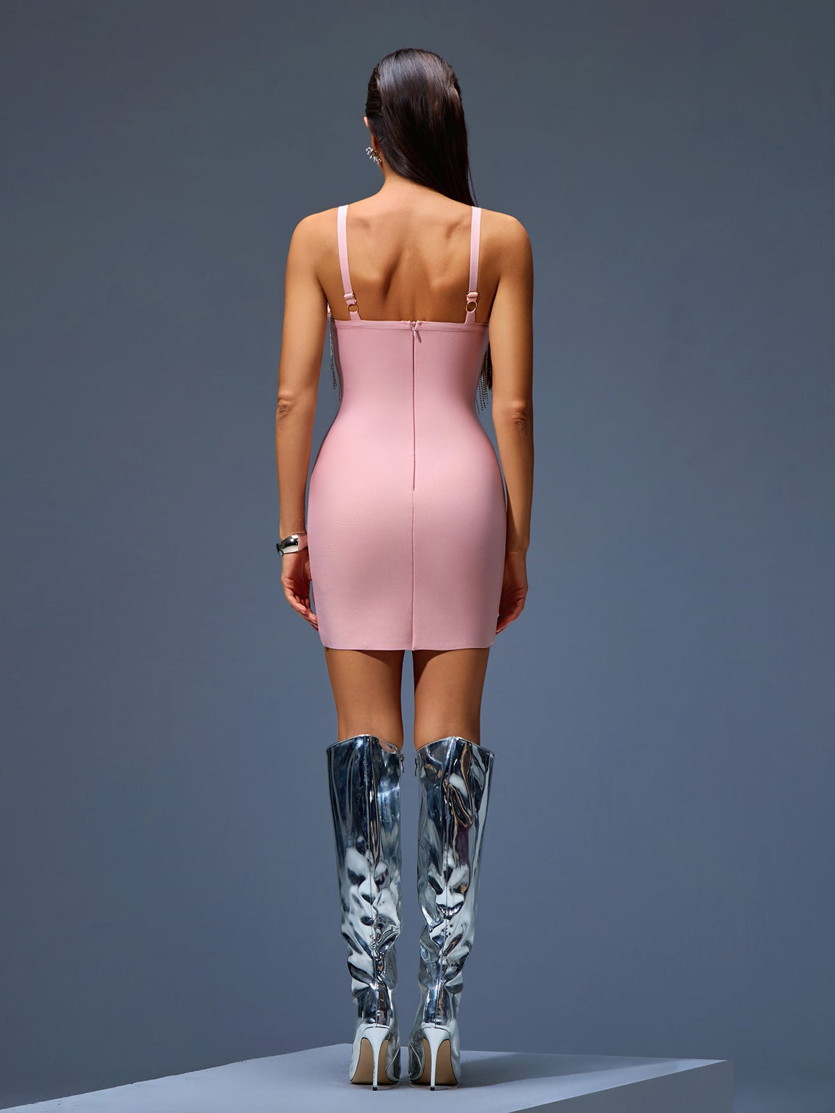 Crystal Fringe Cutout Bandage Mini Dress, back detail view