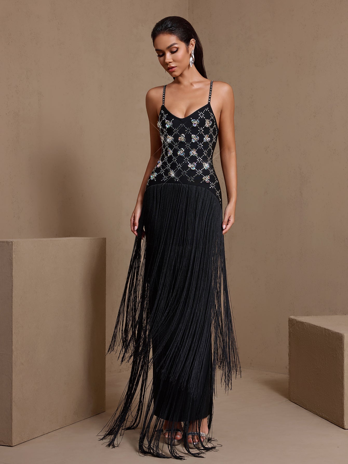 Black crystal grid fringe bandage maxi dress, fringe skirt detail