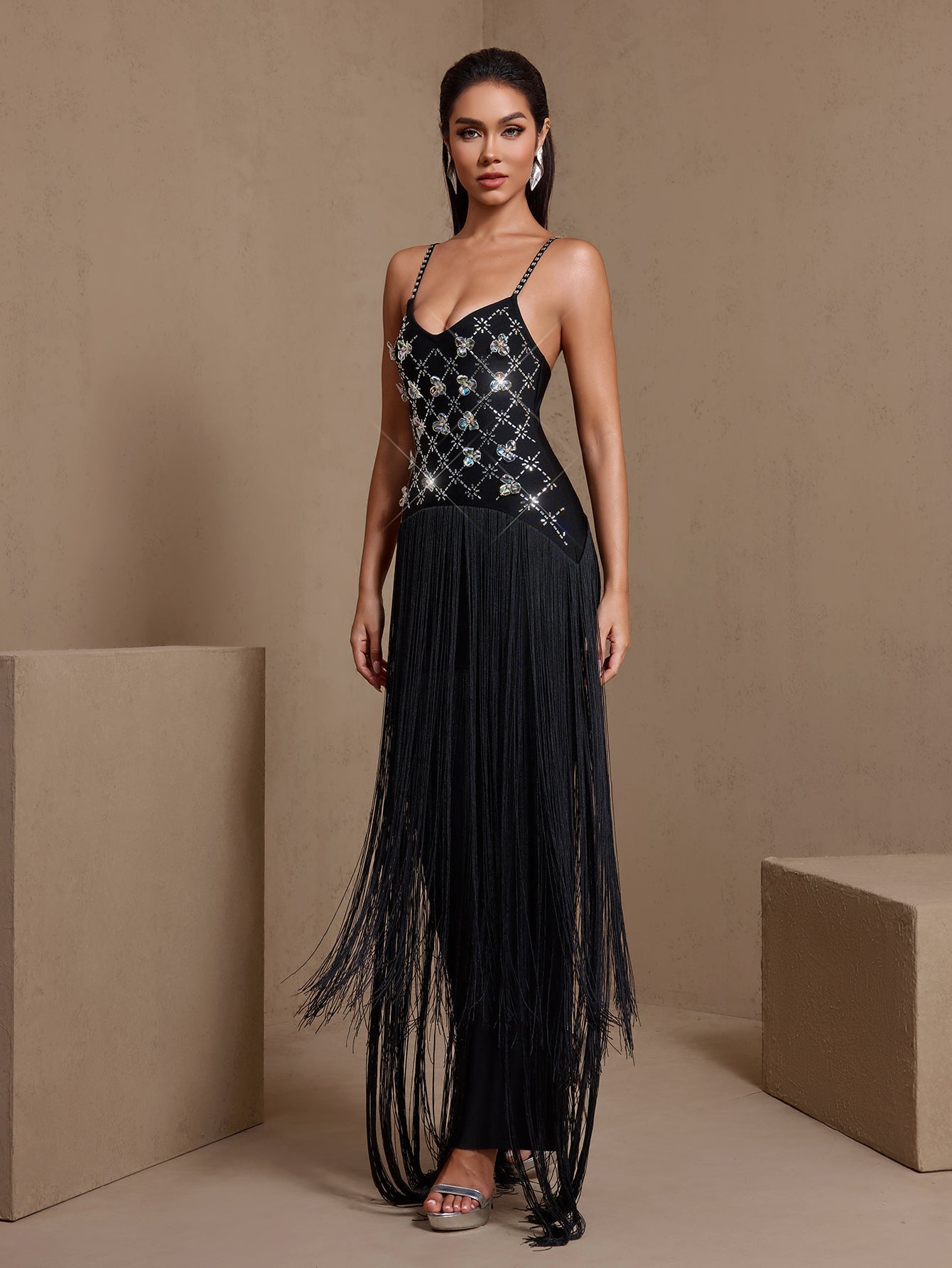 Black crystal grid fringe bandage maxi dress, side view