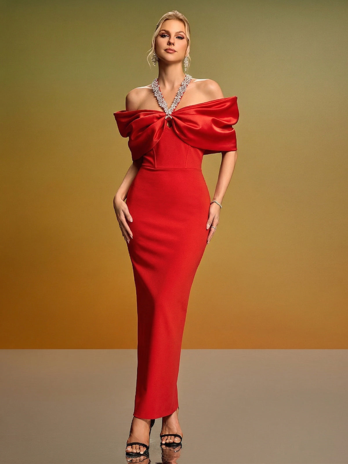 Crystal Halter-Neck Bandage Dress, front detail