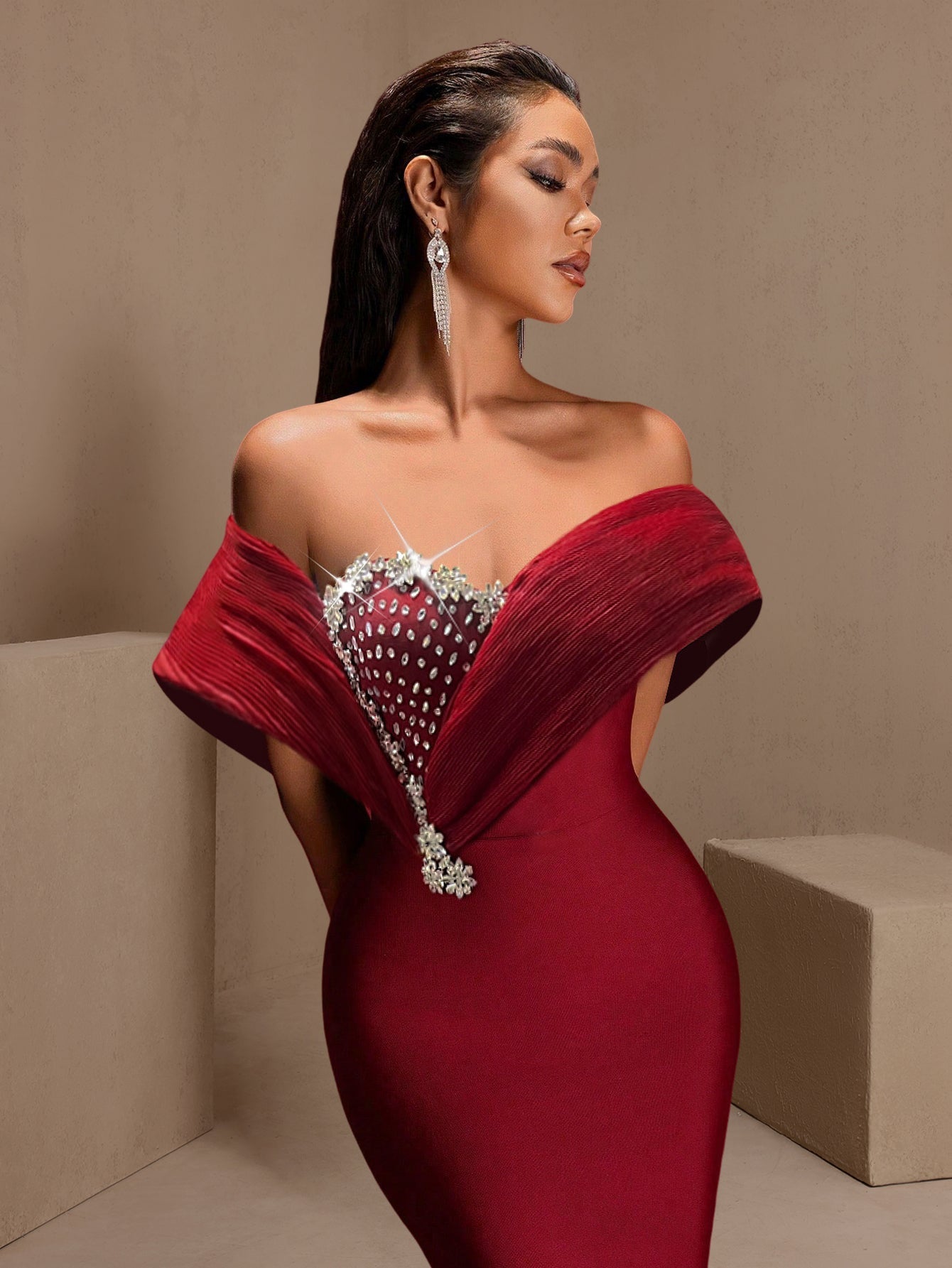 Wine crystal plunge off-shoulder bandage maxi dress, angled front view