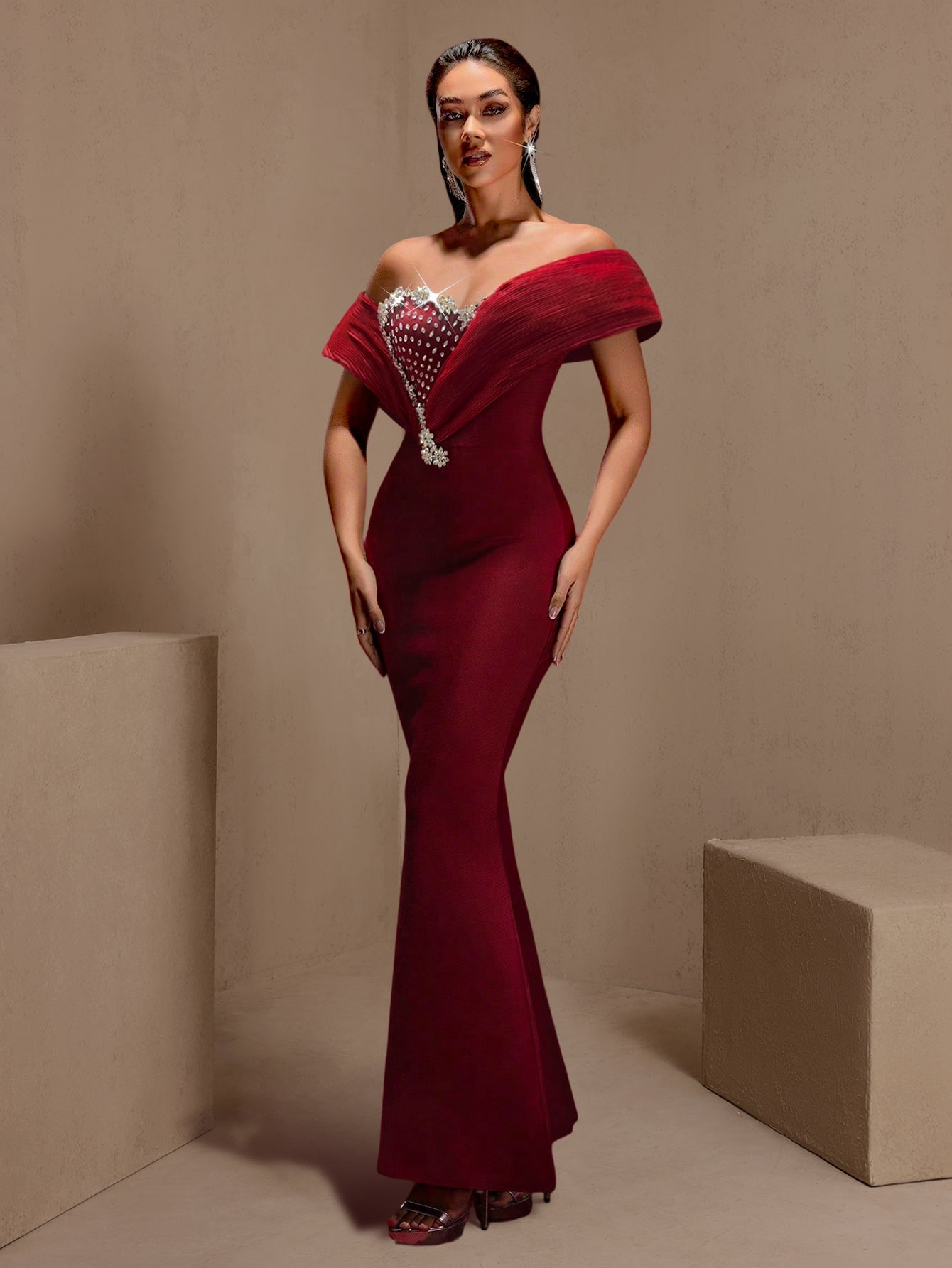 Wine crystal plunge off-shoulder bandage maxi dress, side view